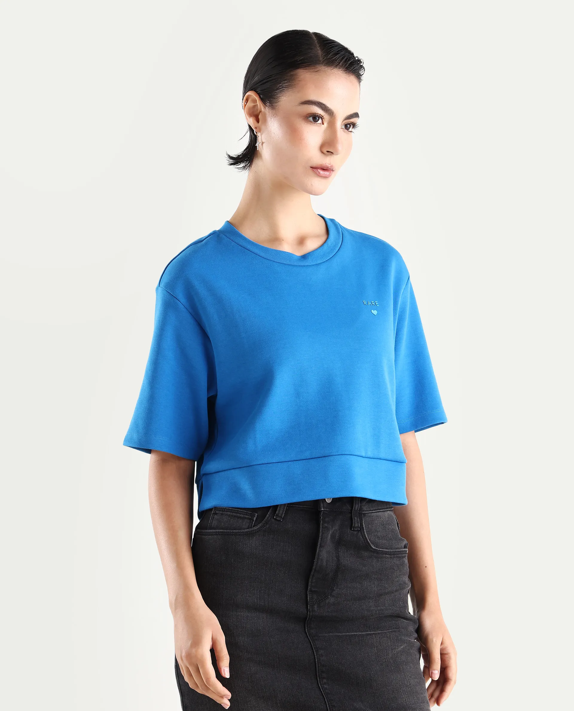Rareism Women's Afrib Blue Cotton Blend Crew Neck Plain Crop Regular Fit T-Shirt - Image 6