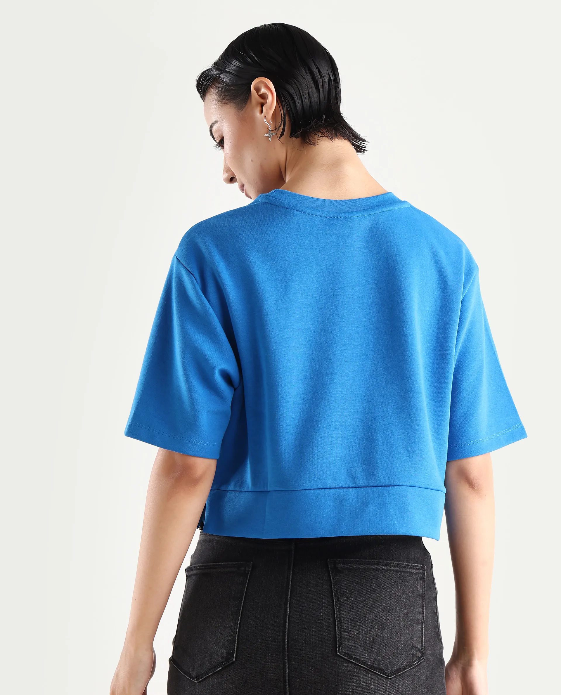 Rareism Women's Afrib Blue Cotton Blend Crew Neck Plain Crop Regular Fit T-Shirt - Image 7