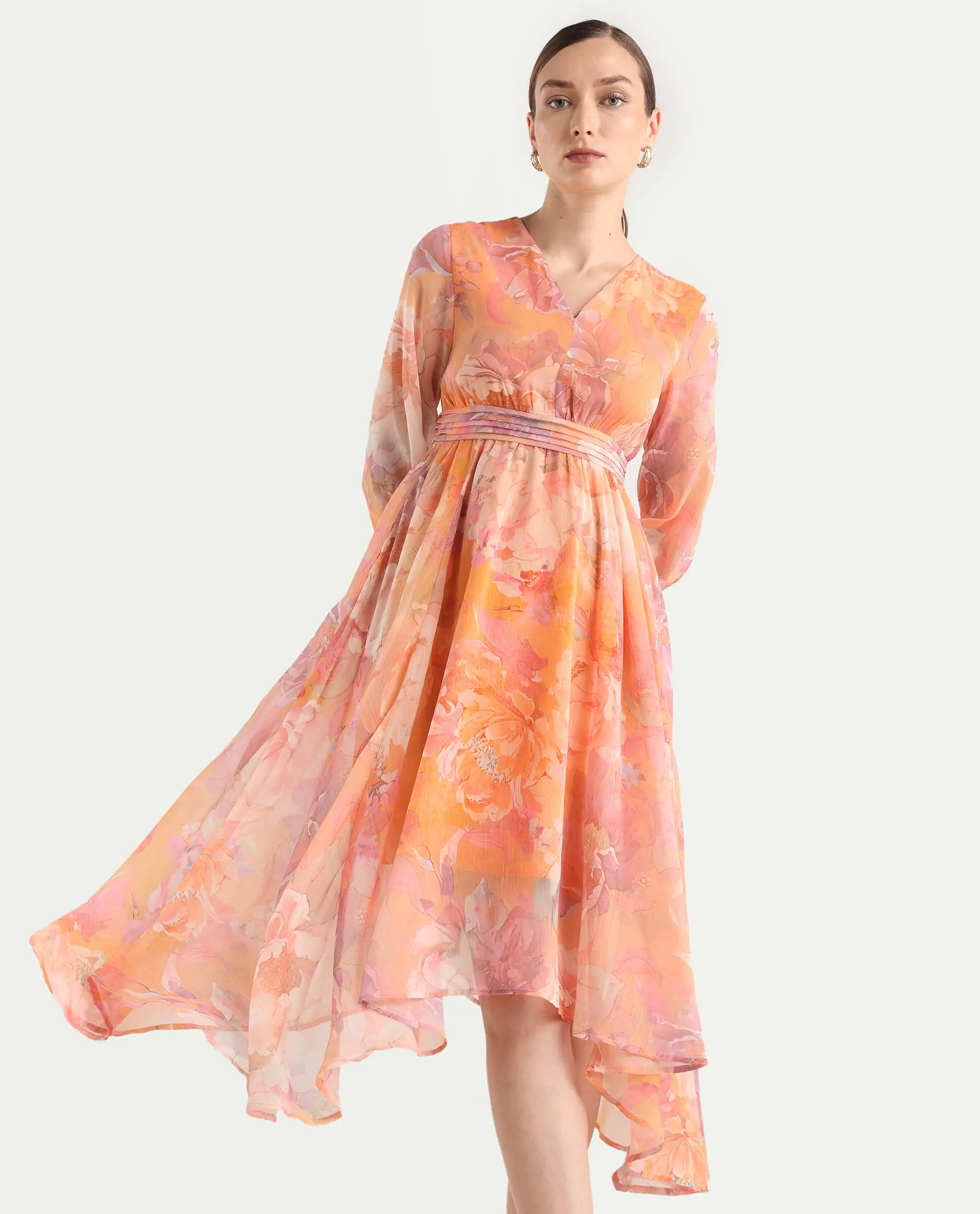 Rareism Women's Afriko Light Multi Polyester V-Neck Fit And Flare Floral Print Dress