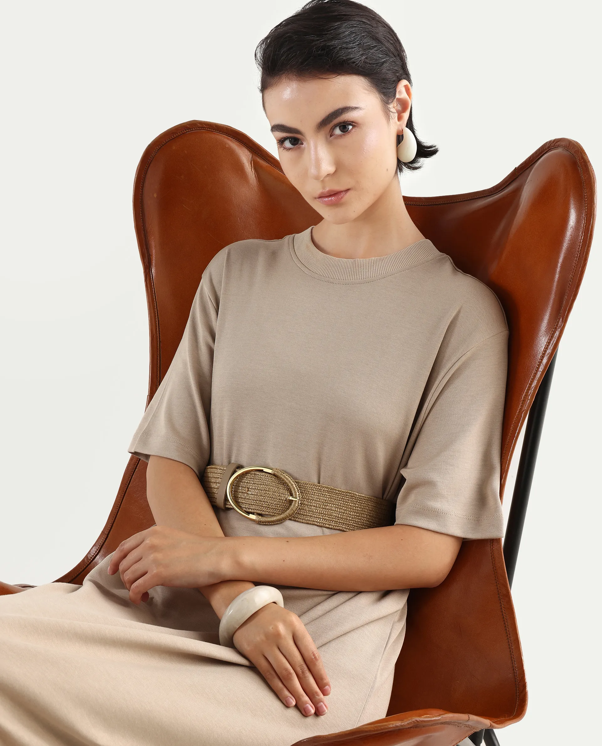 Rareism Women's Afrinca - Beige Cotton Blend Crew Neck Plain Maxi Relaxed Fit Dress - Image 2
