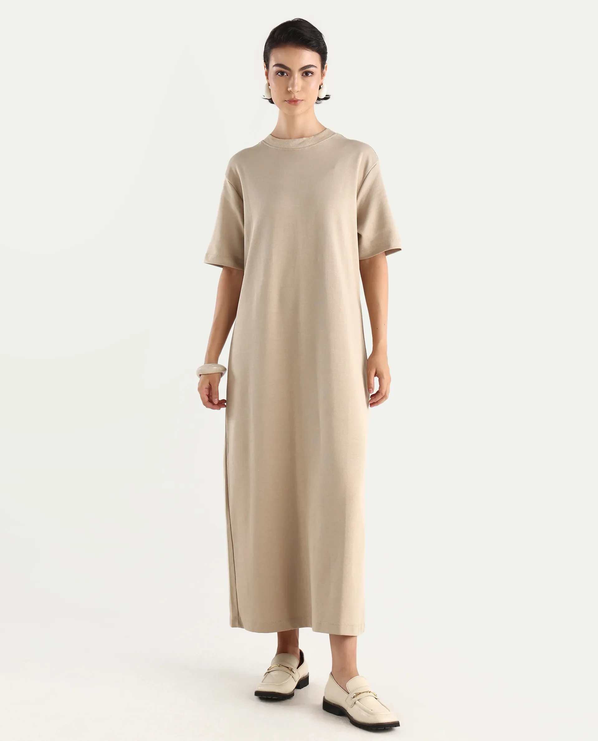 Rareism Women's Afrinca - Beige Cotton Blend Crew Neck Plain Maxi Relaxed Fit Dress - Image 3