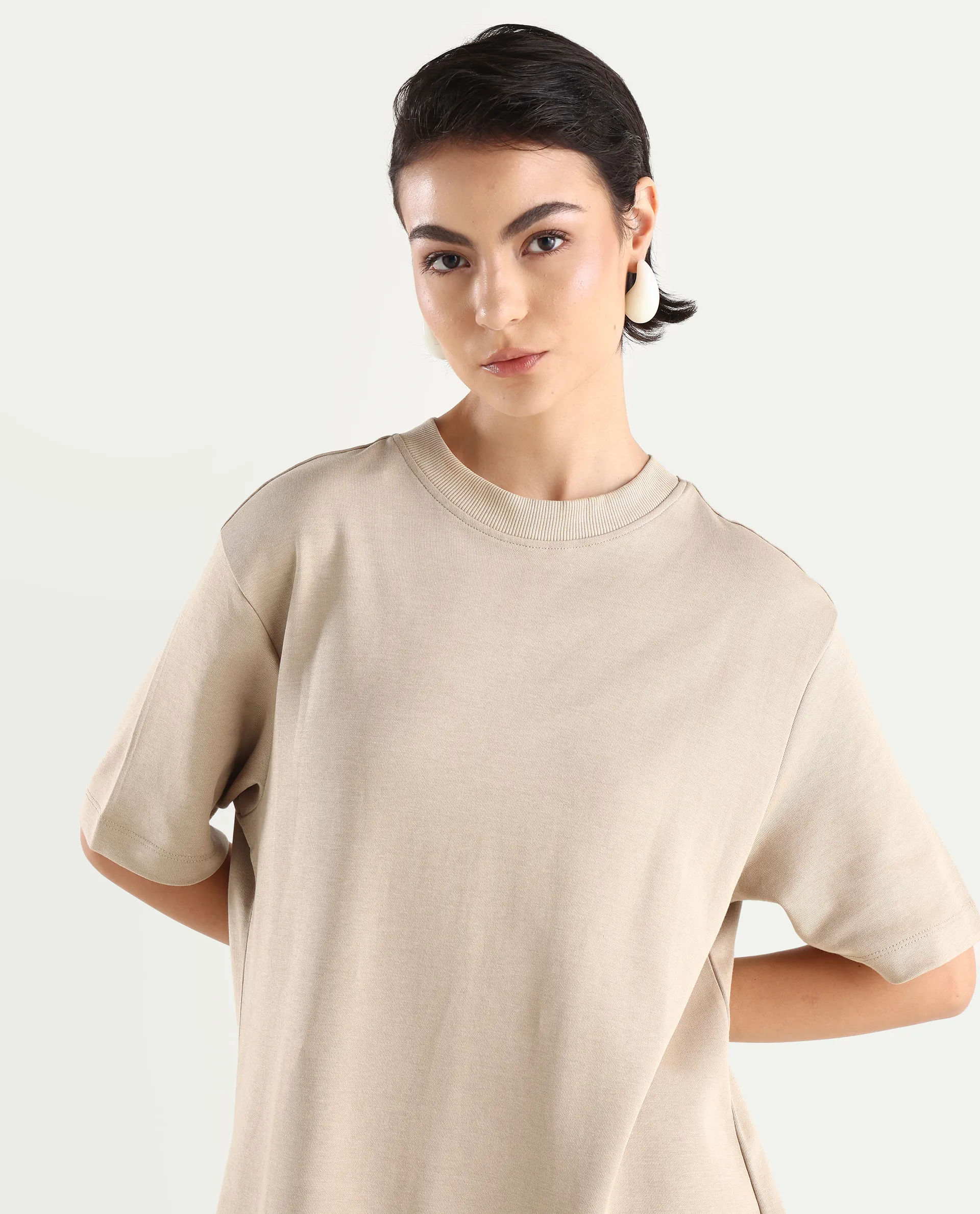 Rareism Women's Afrinca - Beige Cotton Blend Crew Neck Plain Maxi Relaxed Fit Dress - Image 4