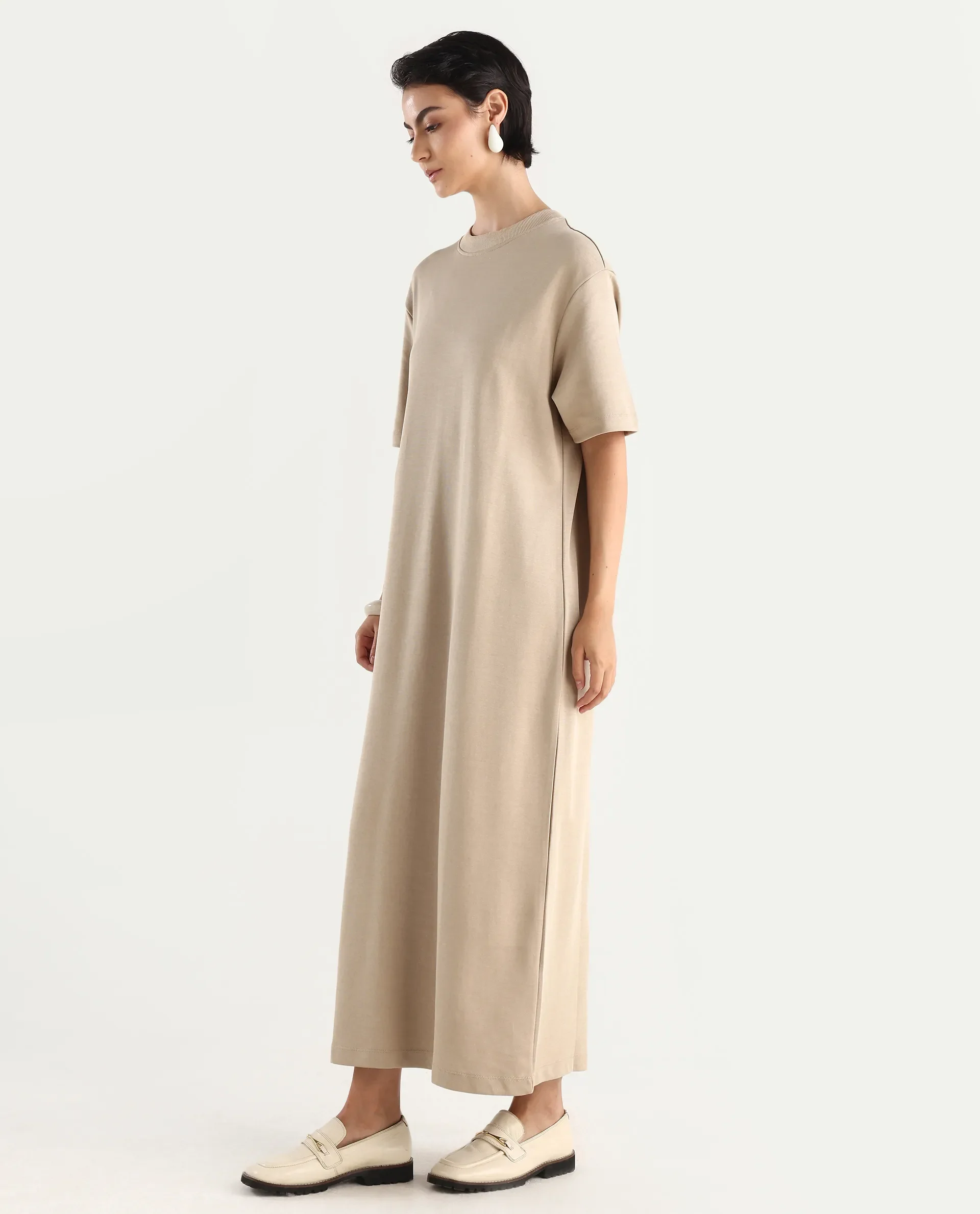 Rareism Women's Afrinca - Beige Cotton Blend Crew Neck Plain Maxi Relaxed Fit Dress - Image 5