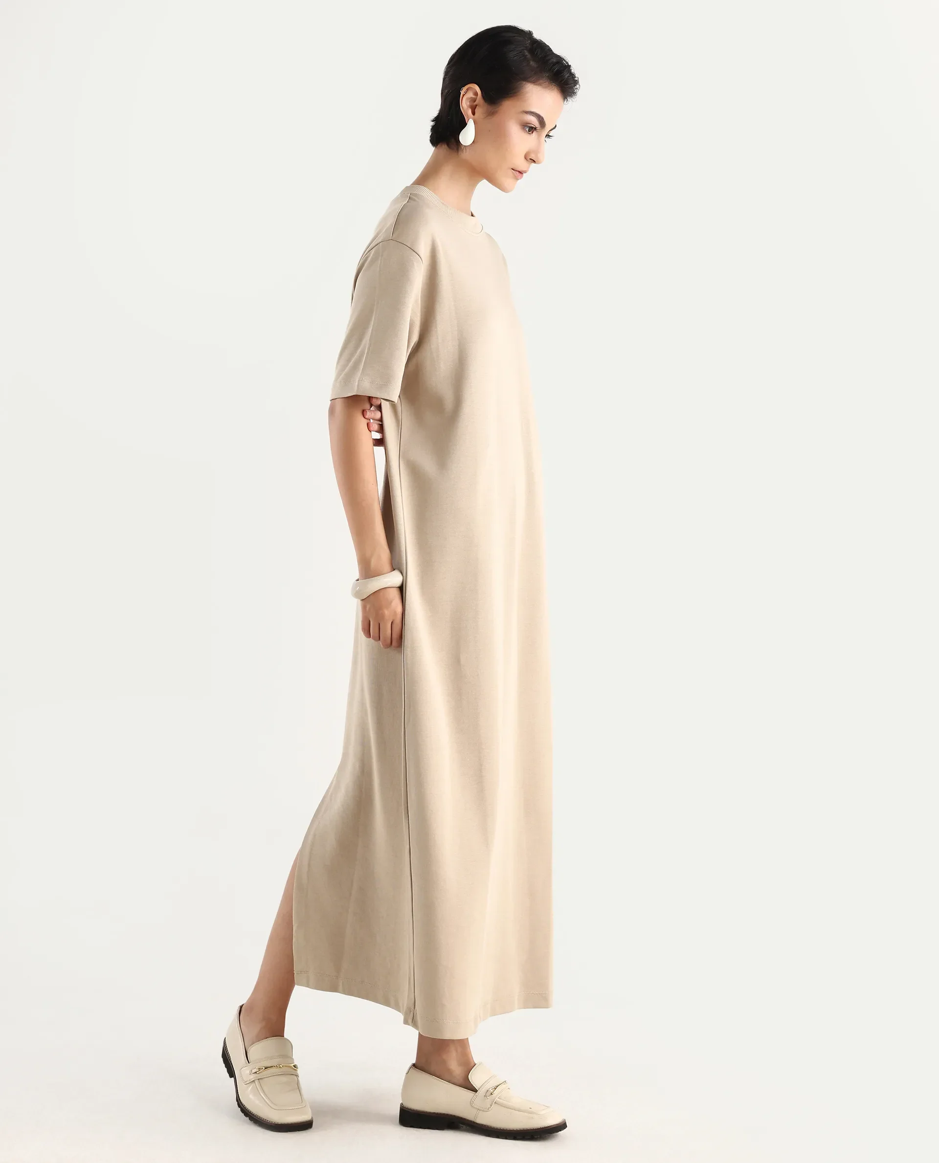 Rareism Women's Afrinca - Beige Cotton Blend Crew Neck Plain Maxi Relaxed Fit Dress - Image 6
