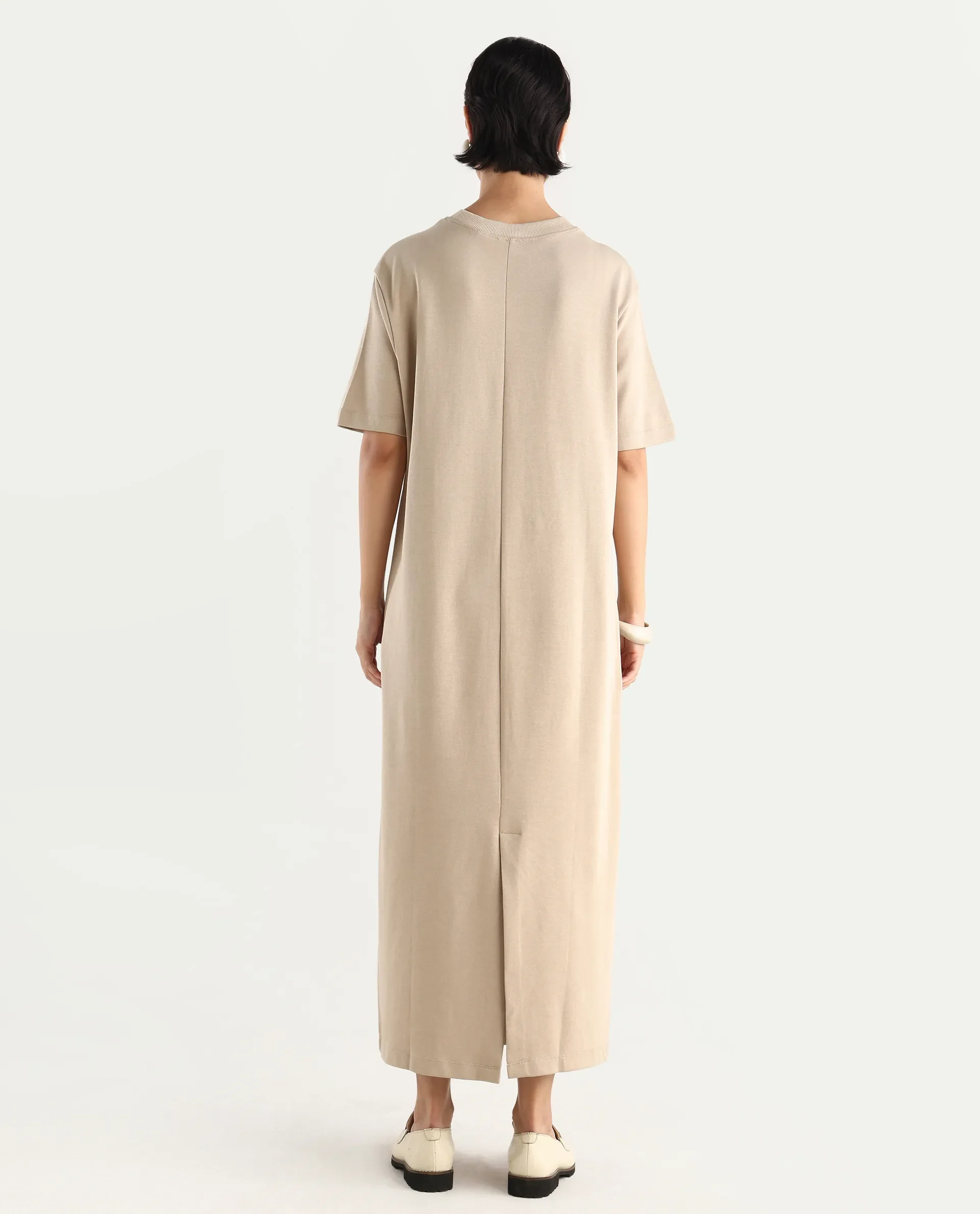 Rareism Women's Afrinca - Beige Cotton Blend Crew Neck Plain Maxi Relaxed Fit Dress - Image 7
