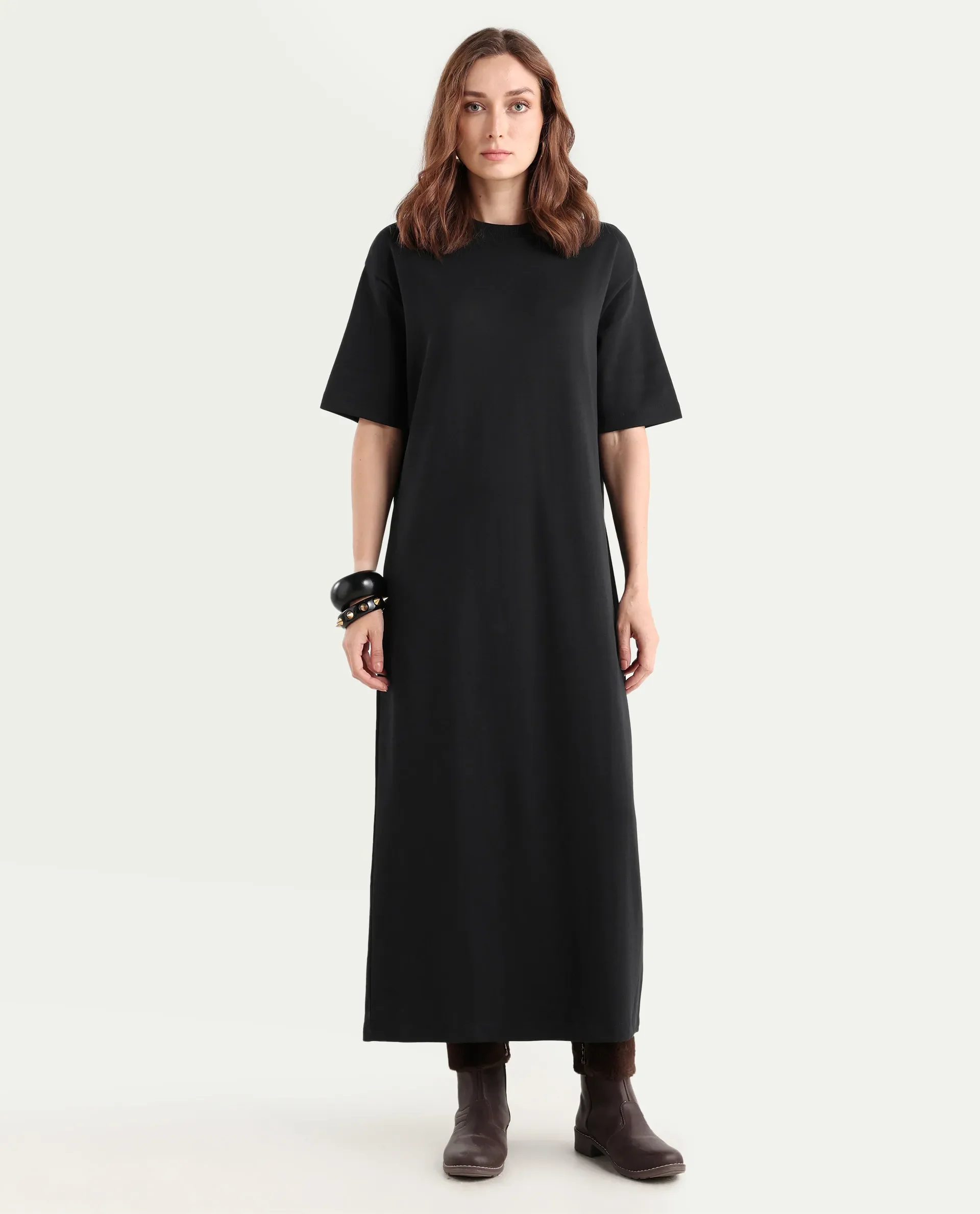 Rareism Women's Afrinca Black Cotton Blend Crew Neck Plain Maxi Relaxed Fit Dress - Image 3