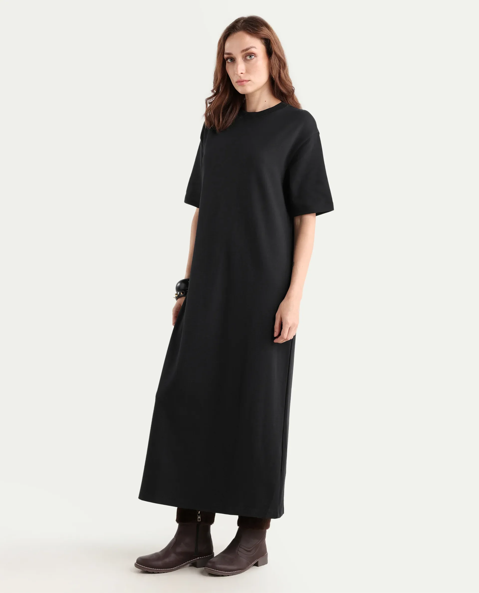 Rareism Women's Afrinca Black Cotton Blend Crew Neck Plain Maxi Relaxed Fit Dress - Image 5