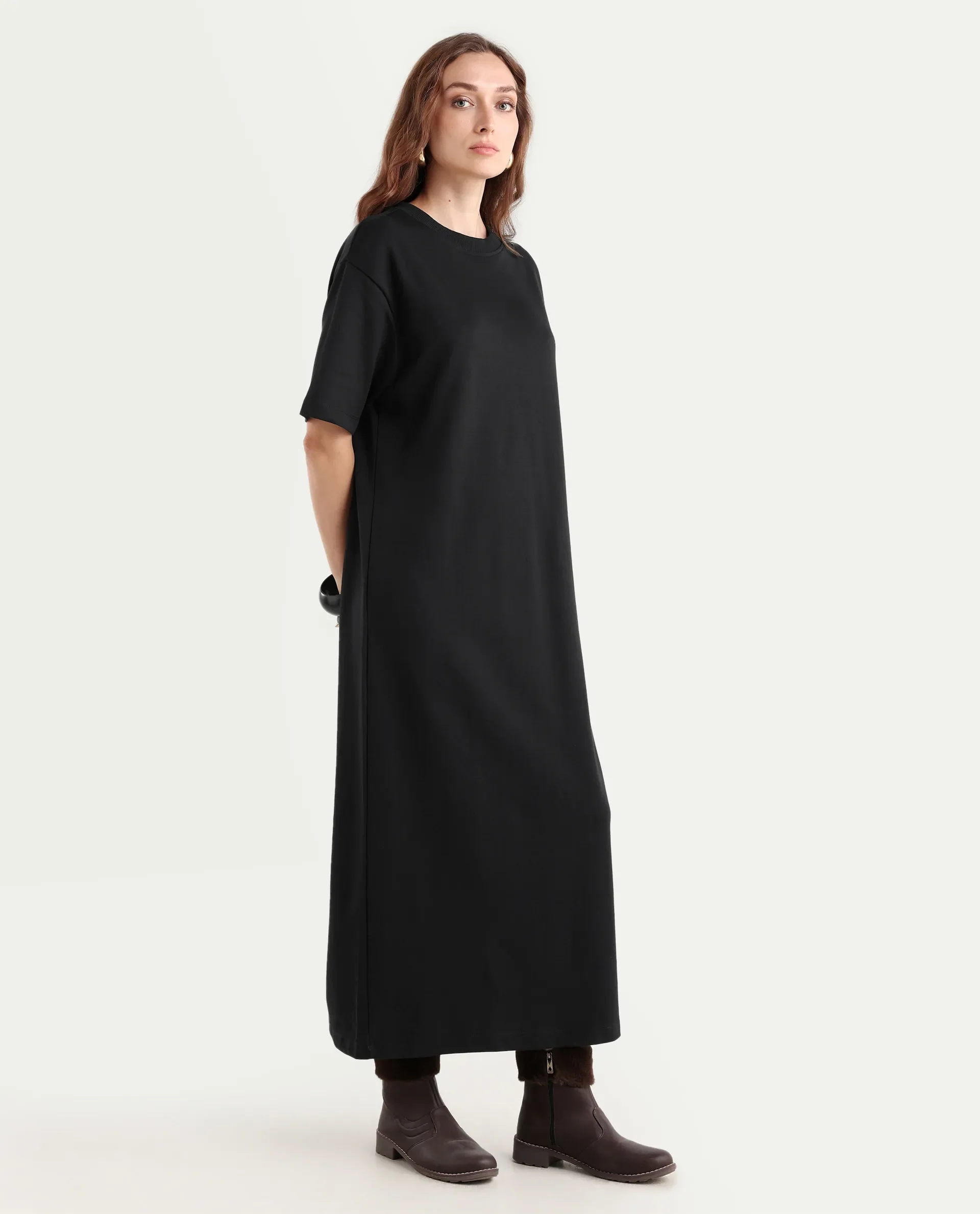 Rareism Women's Afrinca Black Cotton Blend Crew Neck Plain Maxi Relaxed Fit Dress - Image 6