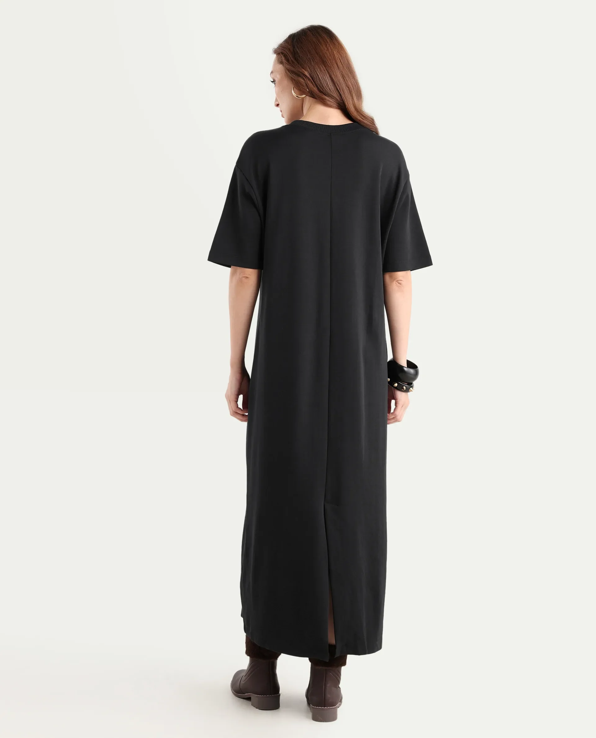 Rareism Women's Afrinca Black Cotton Blend Crew Neck Plain Maxi Relaxed Fit Dress - Image 7