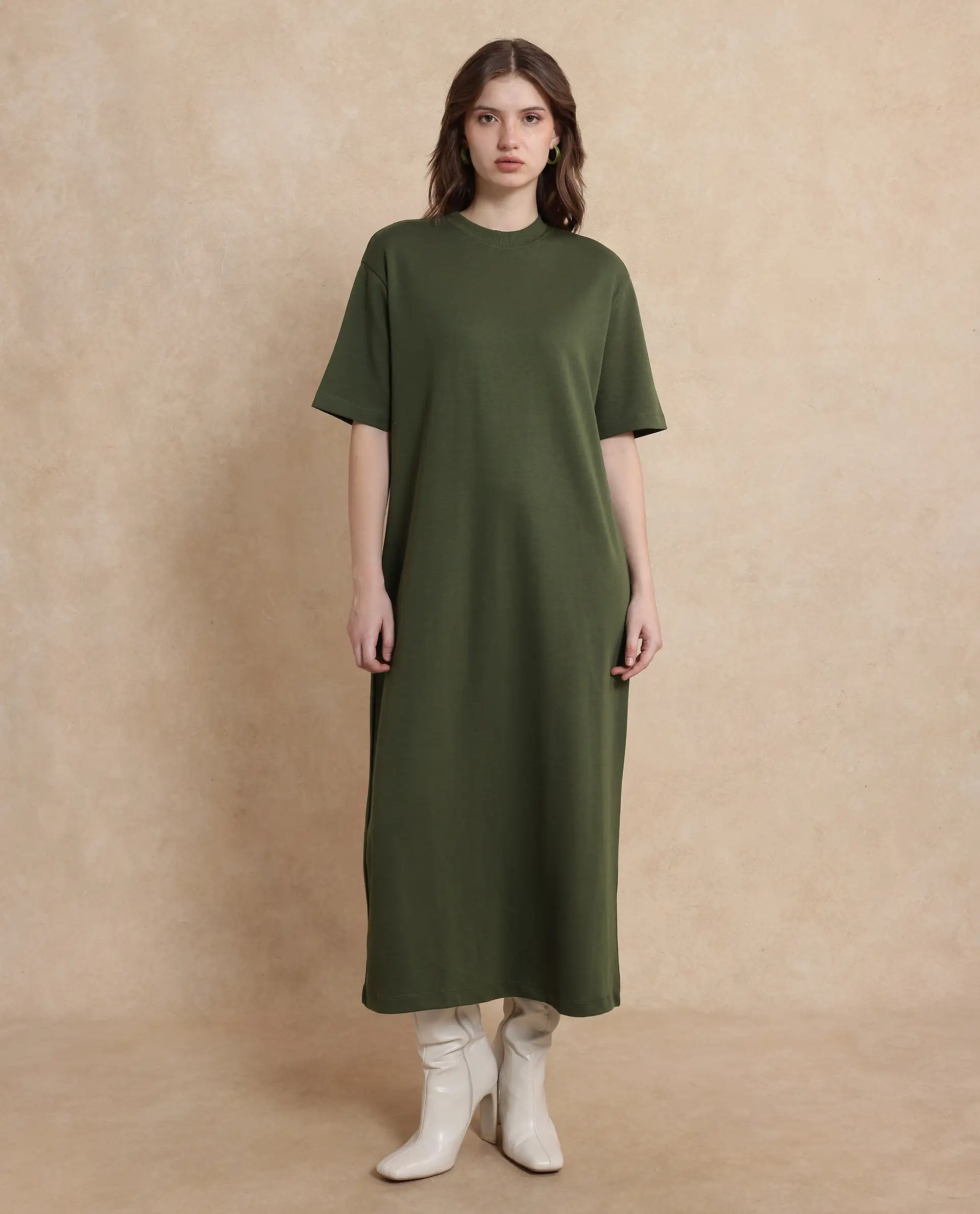 Rareism Women's Afrinca Olive Cotton Blend Crew Neck Plain Maxi Relaxed Fit Dress - Image 10