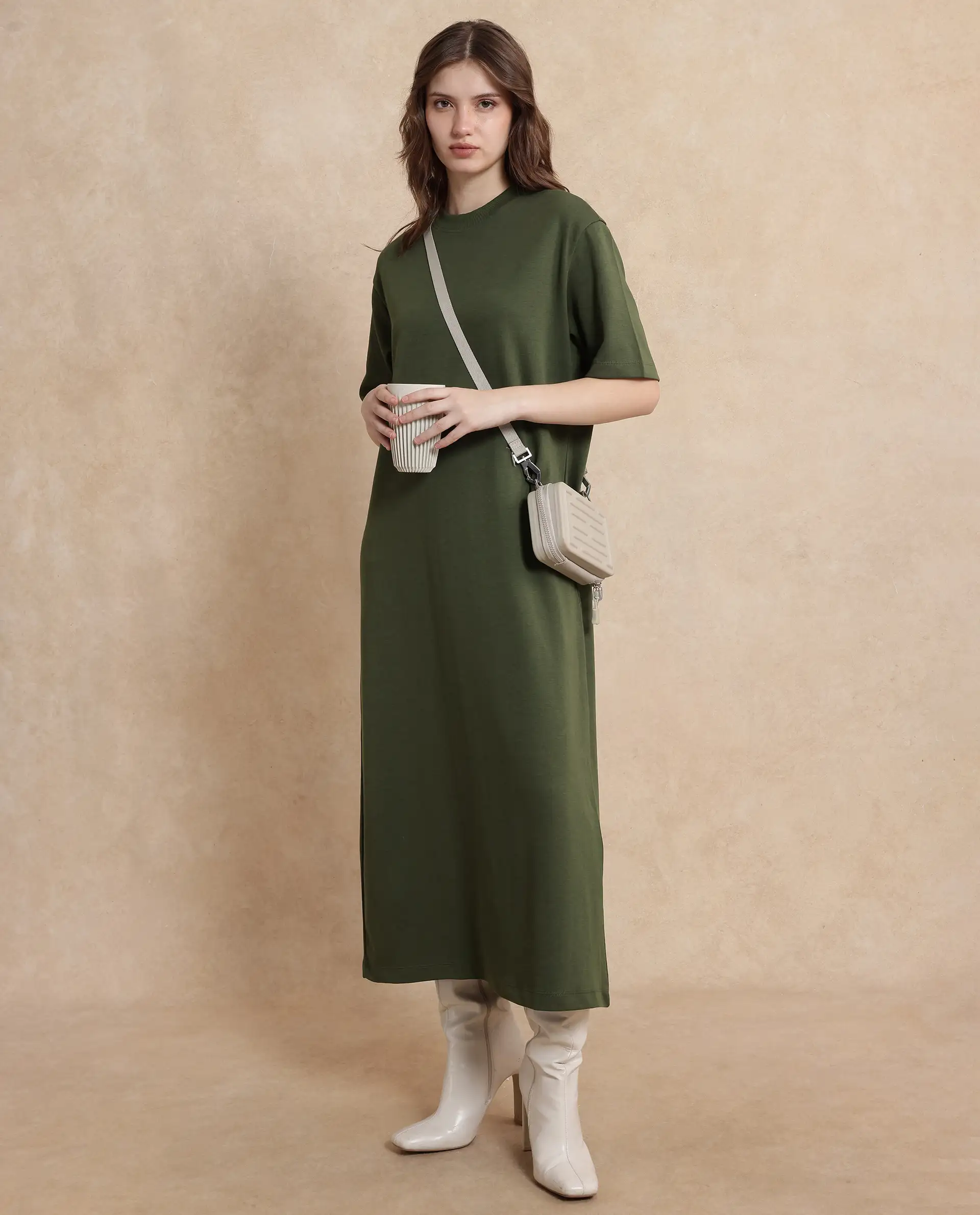 Rareism Women's Afrinca Olive Cotton Blend Crew Neck Plain Maxi Relaxed Fit Dress - Image 2