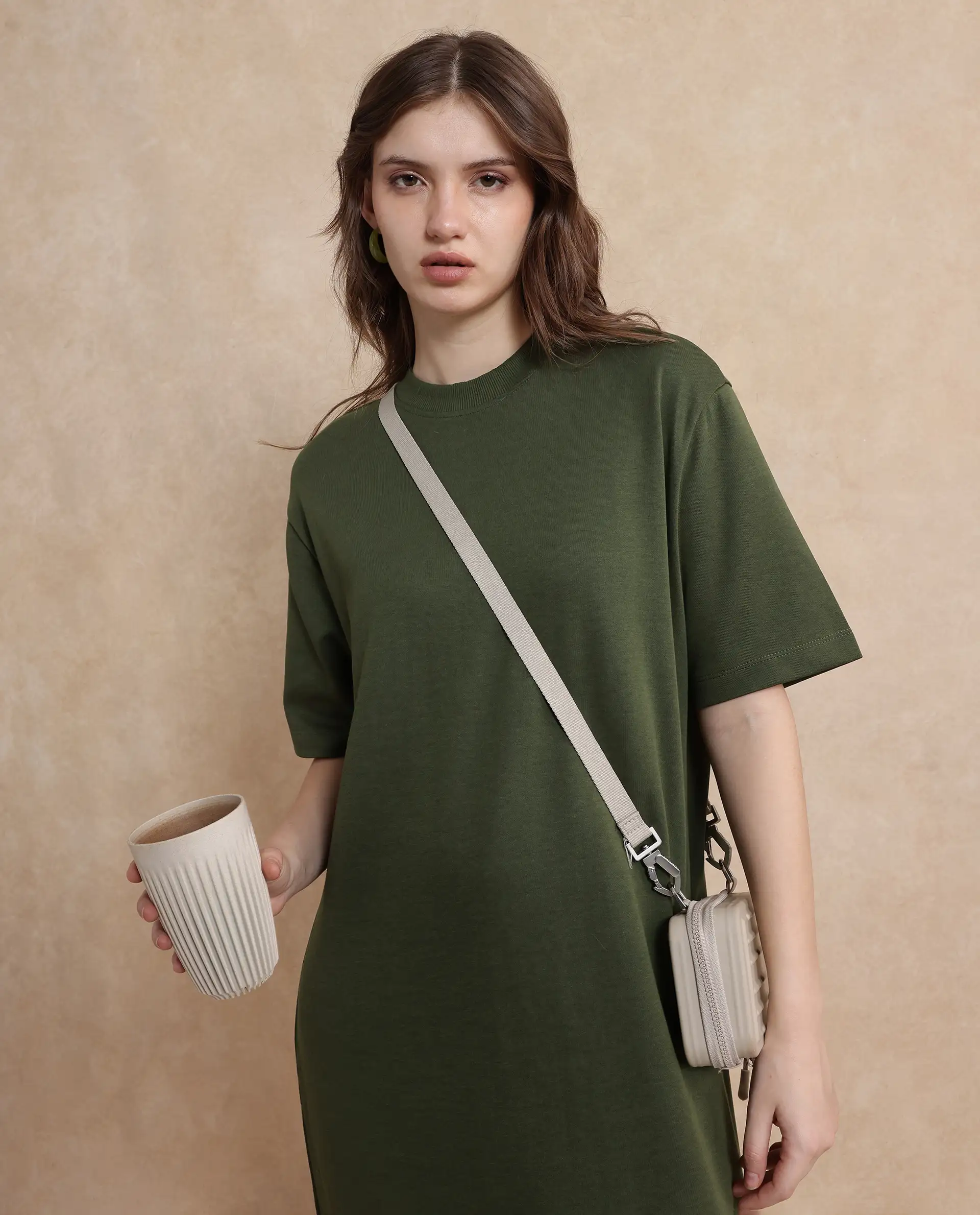 Rareism Women's Afrinca Olive Cotton Blend Crew Neck Plain Maxi Relaxed Fit Dress - Image 3