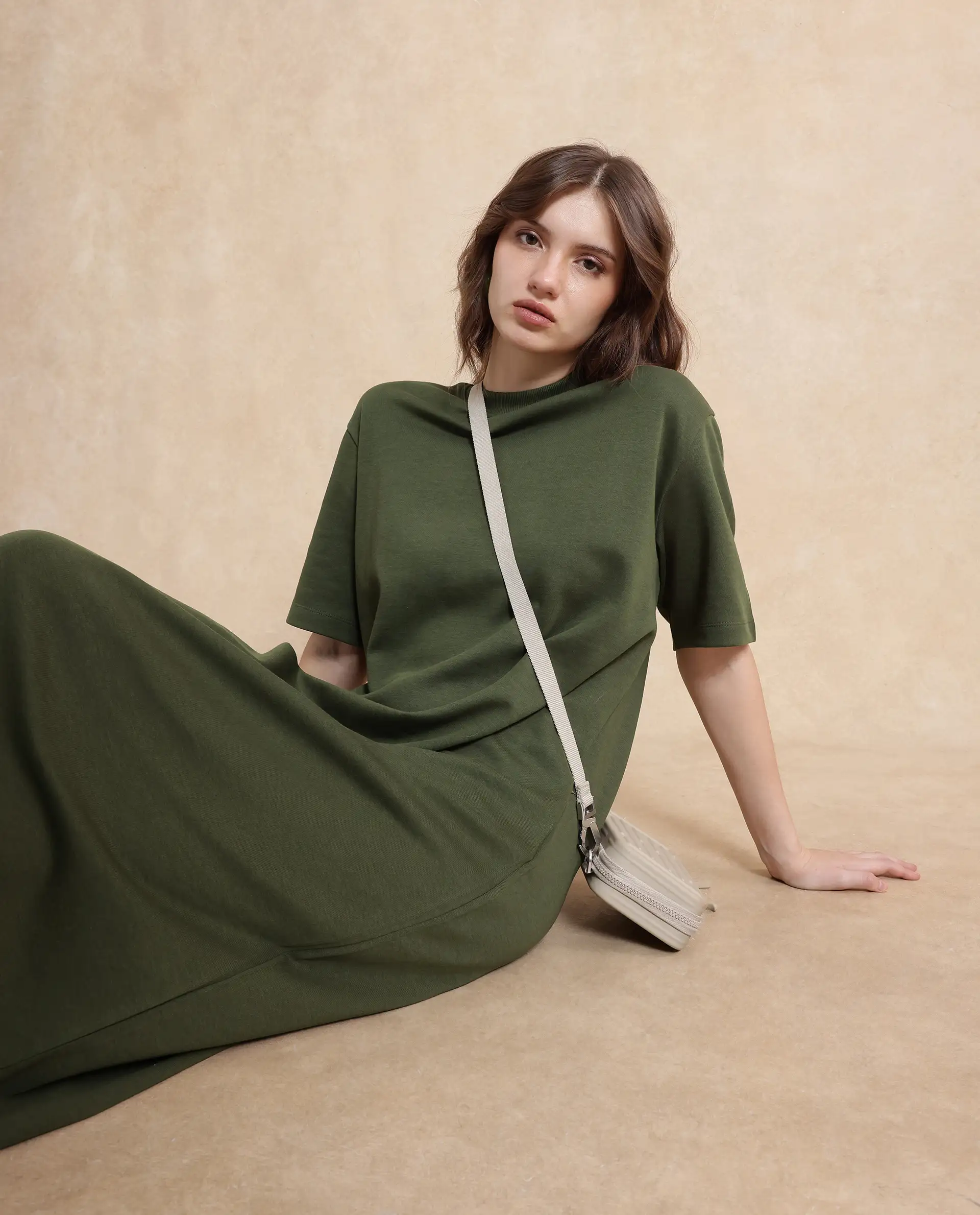 Rareism Women's Afrinca Olive Cotton Blend Crew Neck Plain Maxi Relaxed Fit Dress - Image 4
