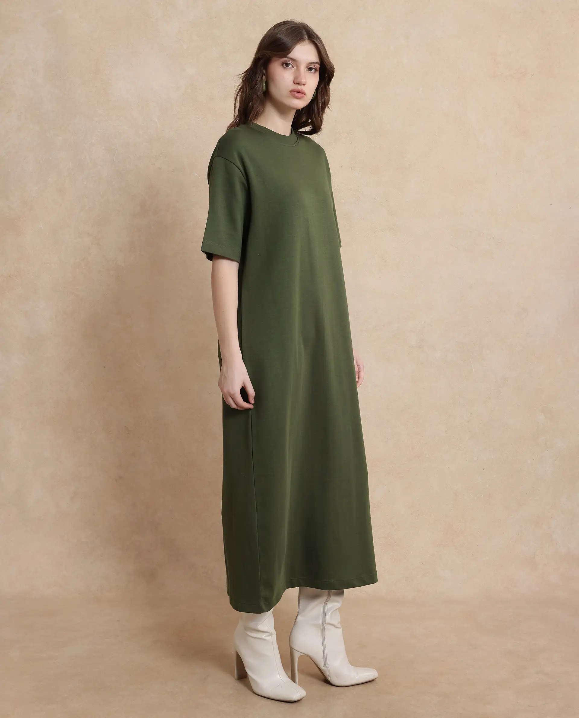 Rareism Women's Afrinca Olive Cotton Blend Crew Neck Plain Maxi Relaxed Fit Dress - Image 5