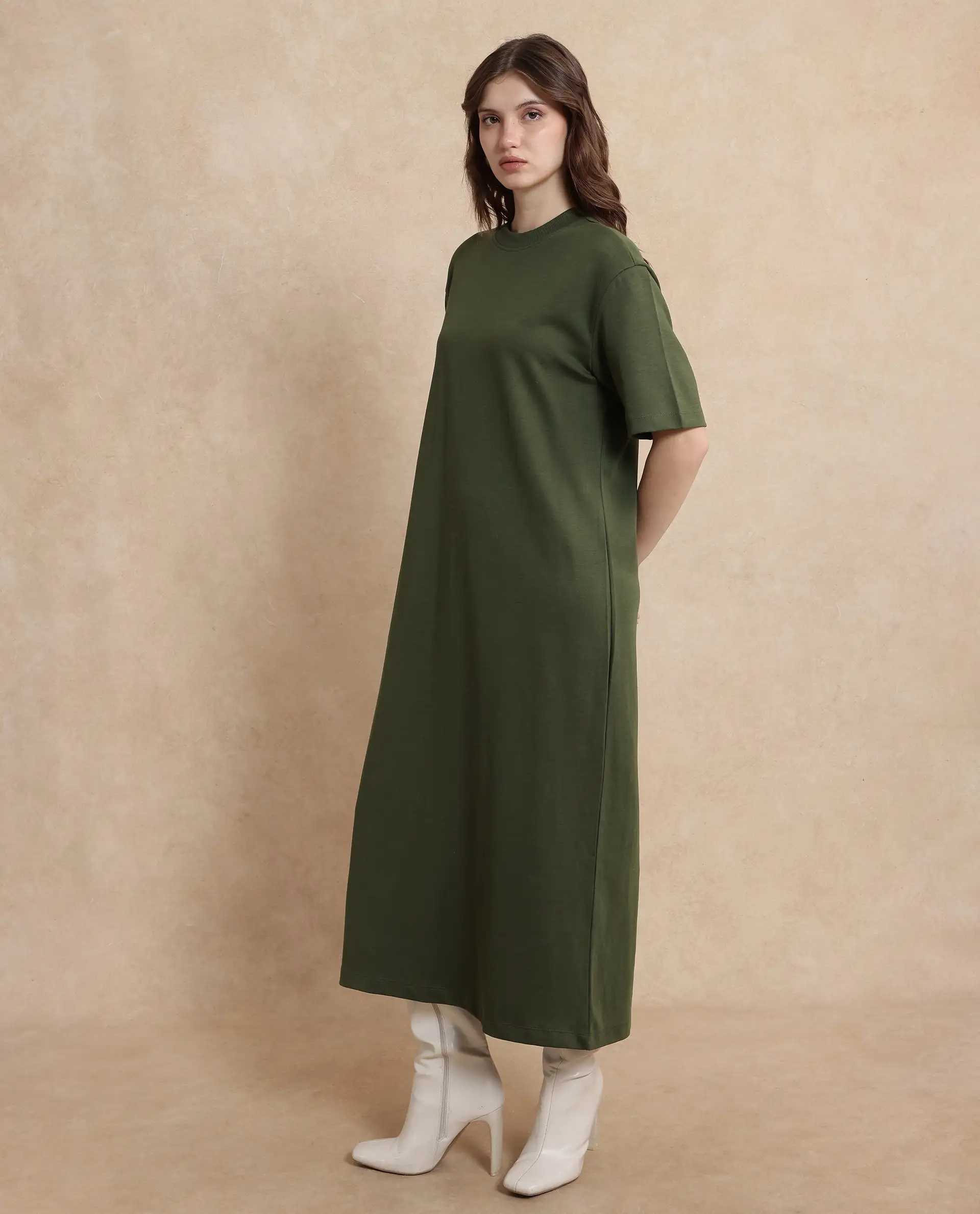 Rareism Women's Afrinca Olive Cotton Blend Crew Neck Plain Maxi Relaxed Fit Dress - Image 6