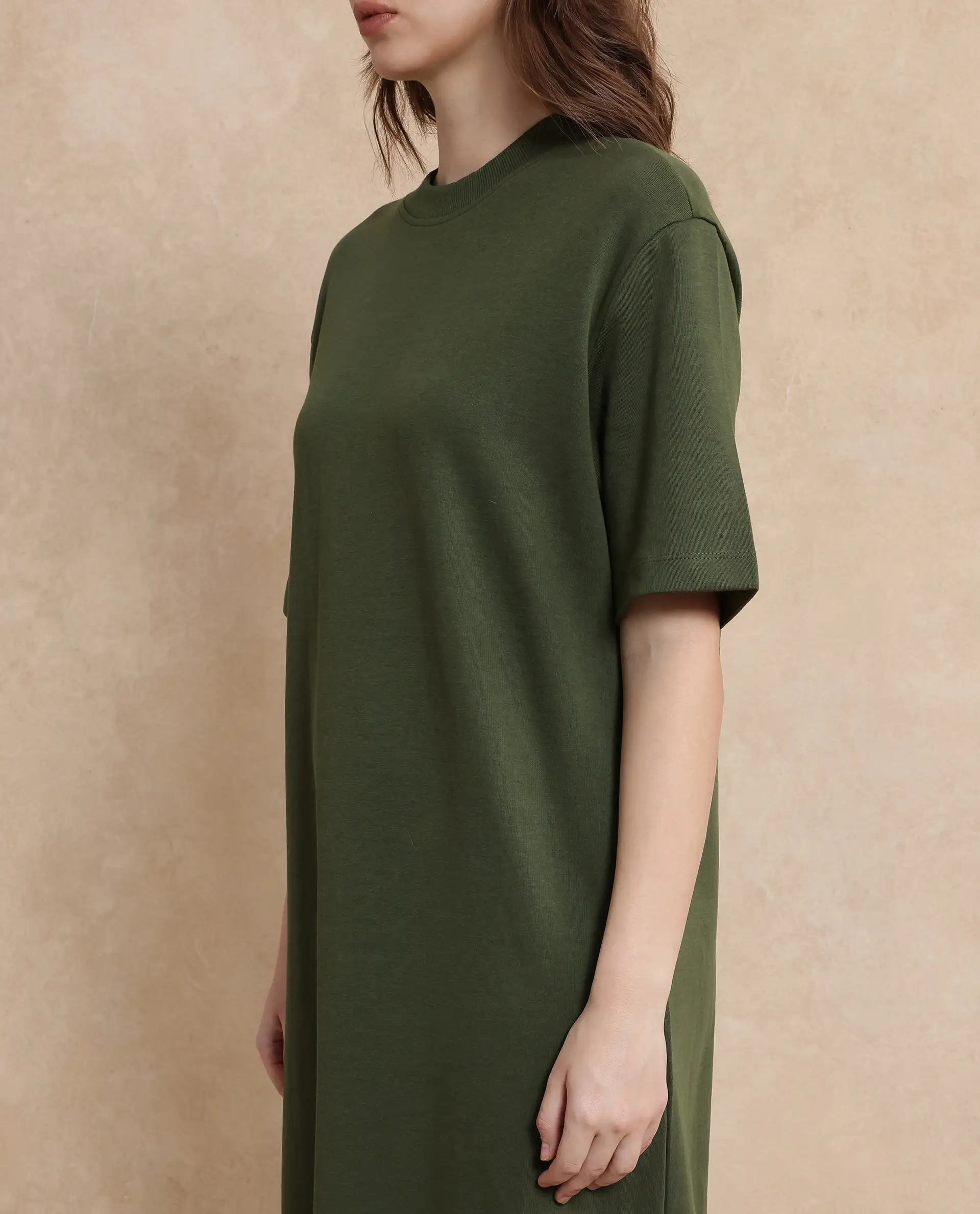 Rareism Women's Afrinca Olive Cotton Blend Crew Neck Plain Maxi Relaxed Fit Dress - Image 7