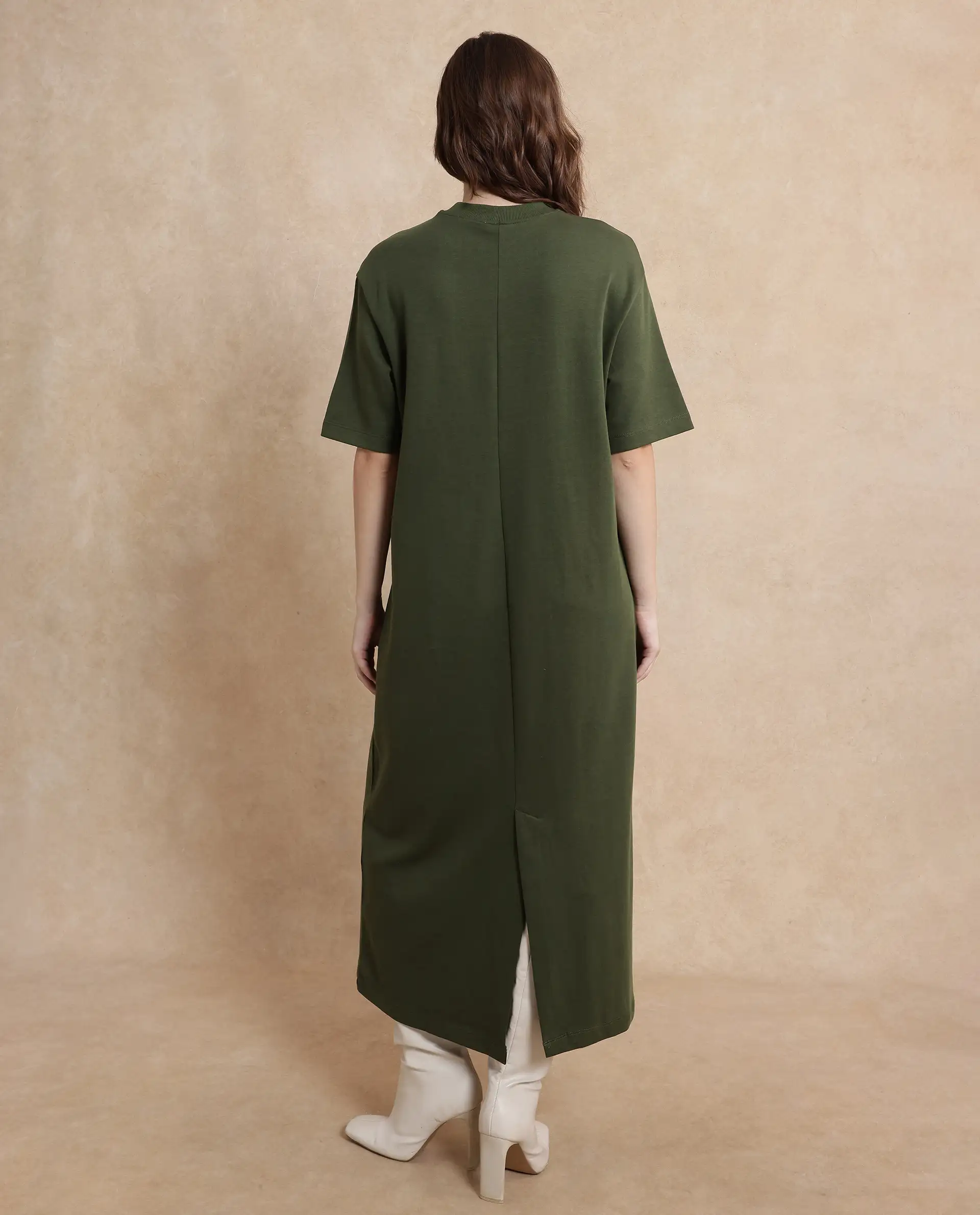 Rareism Women's Afrinca Olive Cotton Blend Crew Neck Plain Maxi Relaxed Fit Dress - Image 8