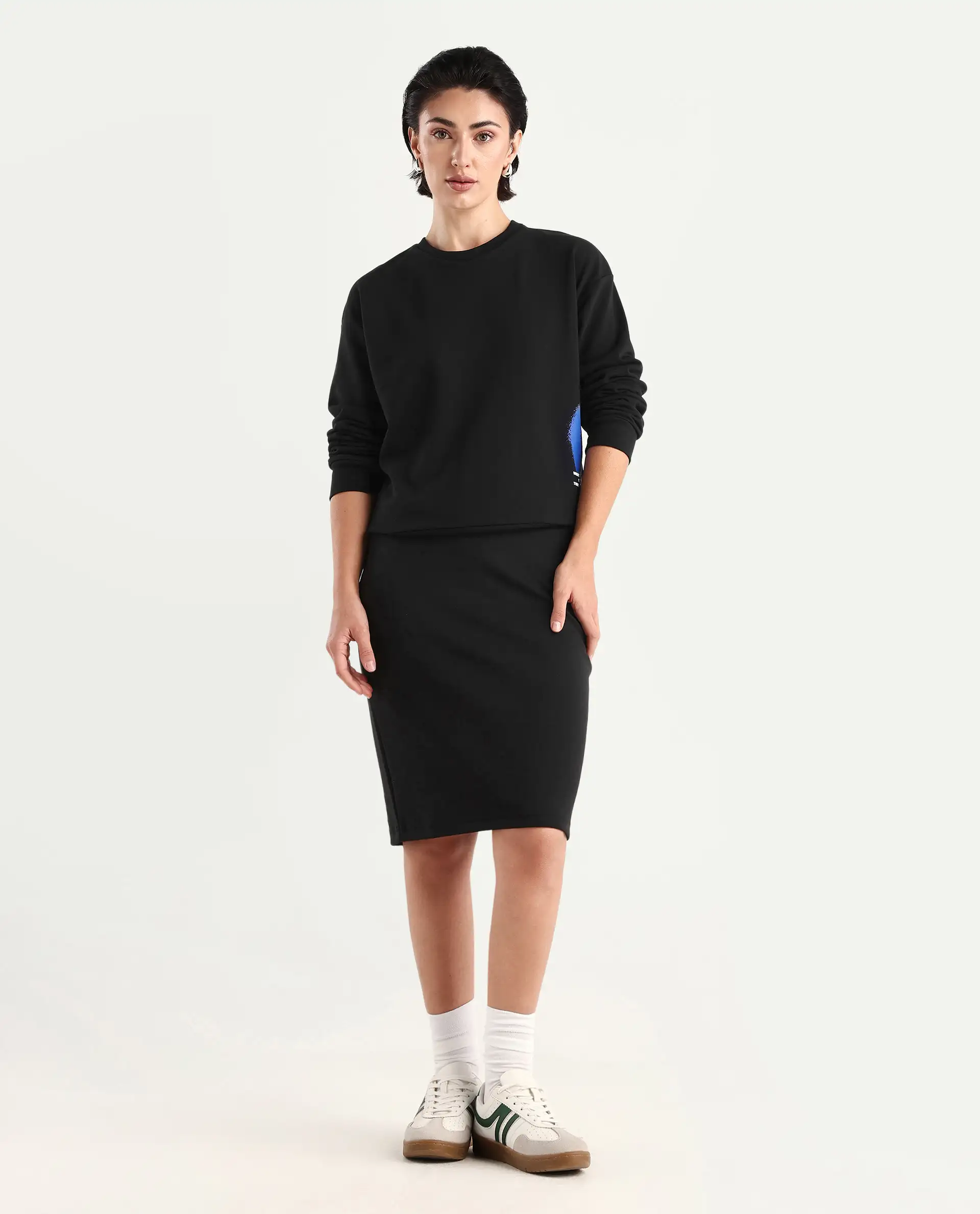 Rareism Women's Afsko B Black Cotton Plain Midi Straight Fit Skirt