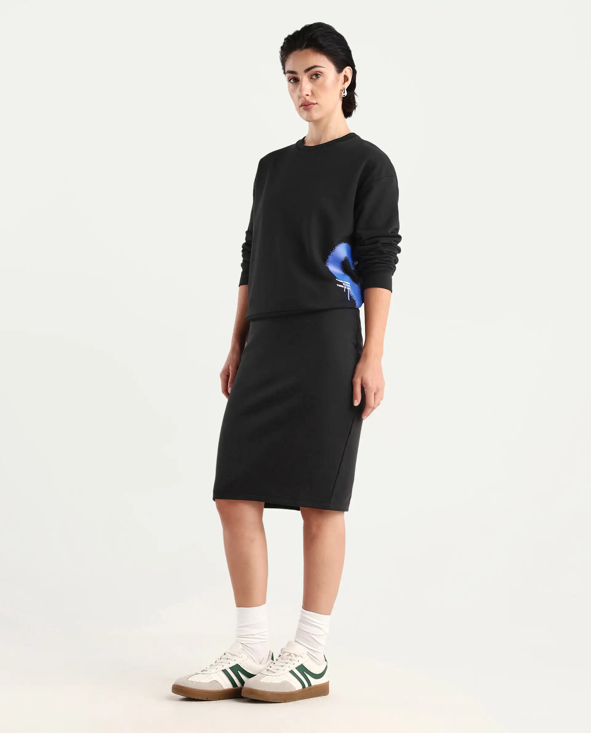 Rareism Women's Afsko B Black Cotton Plain Midi Straight Fit Skirt - Image 4