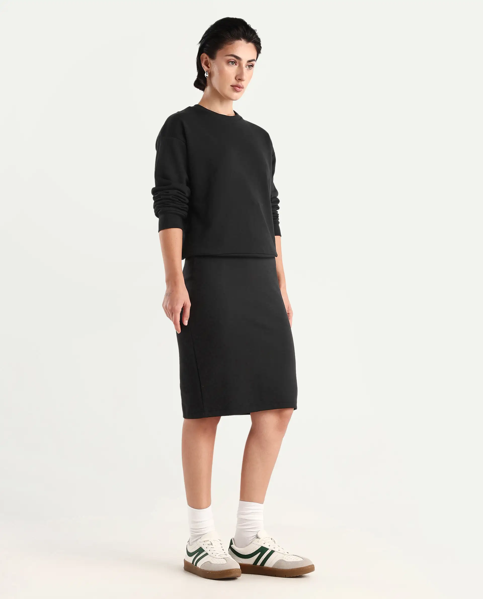 Rareism Women's Afsko B Black Cotton Plain Midi Straight Fit Skirt - Image 5