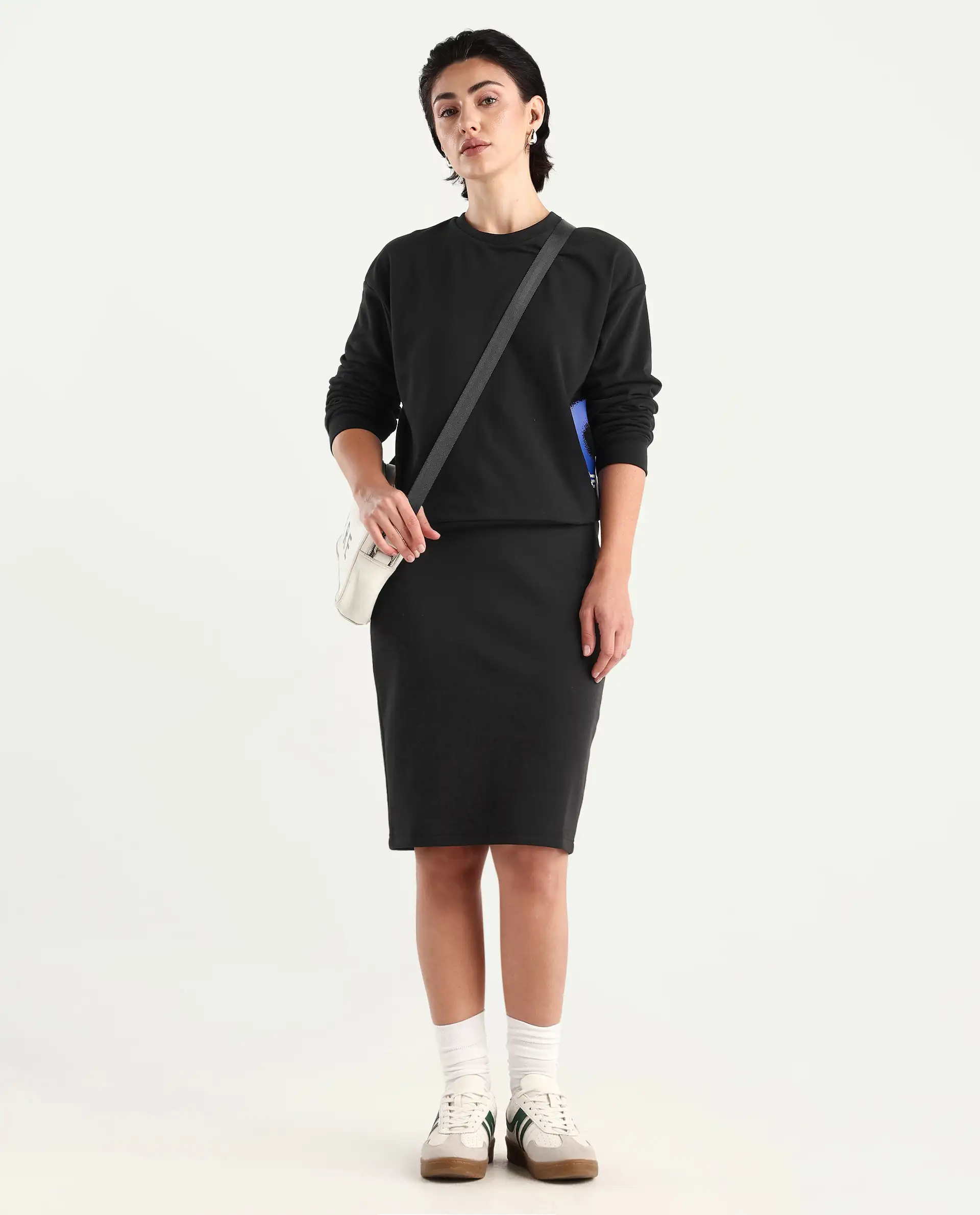 Rareism Women's Afsko B Black Cotton Plain Midi Straight Fit Skirt - Image 6