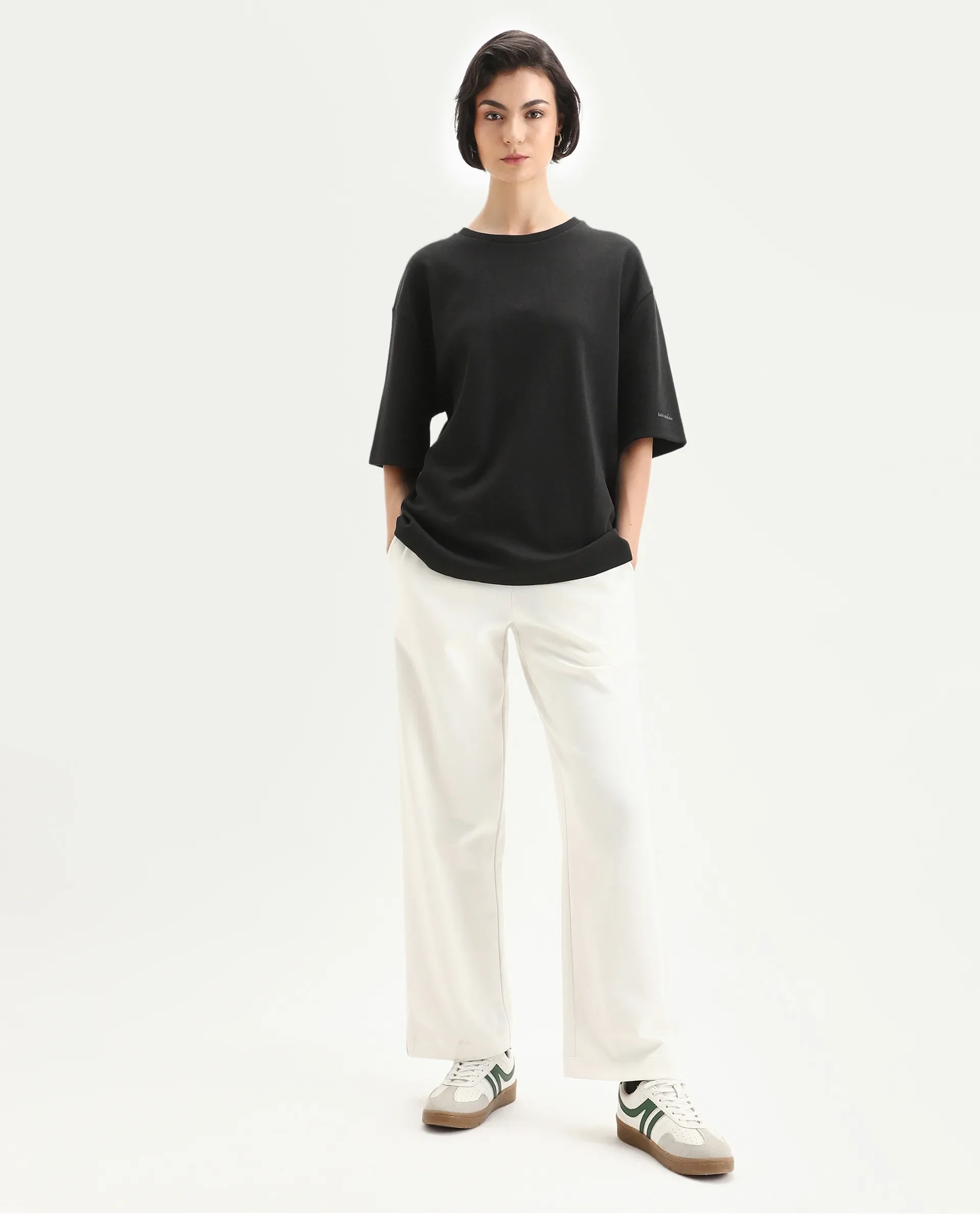 Rareism Women's Afsko T Black Cotton Crew Neck Plain Relaxed Fit T-Shirt - Image 2