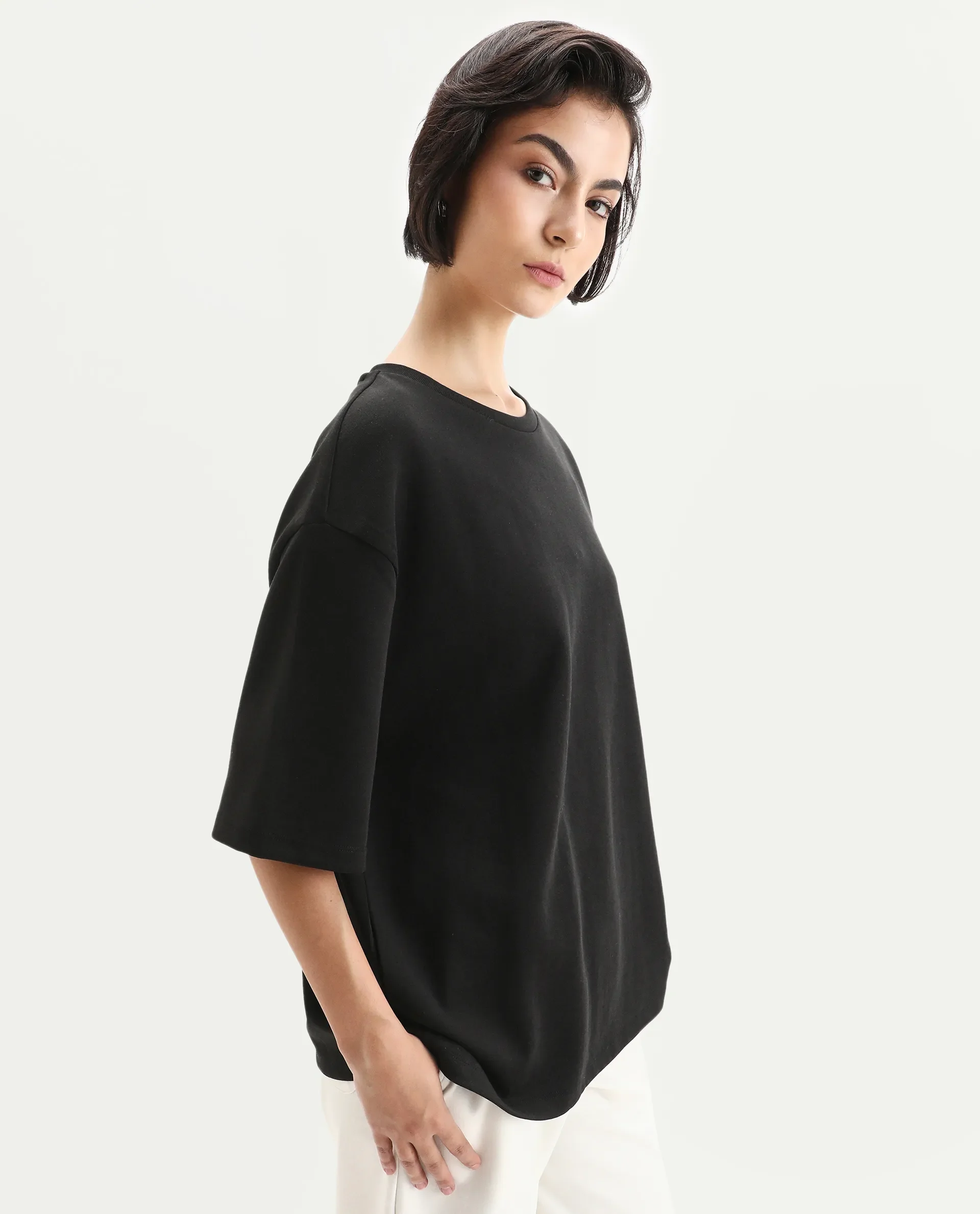 Rareism Women's Afsko T Black Cotton Crew Neck Plain Relaxed Fit T-Shirt - Image 4