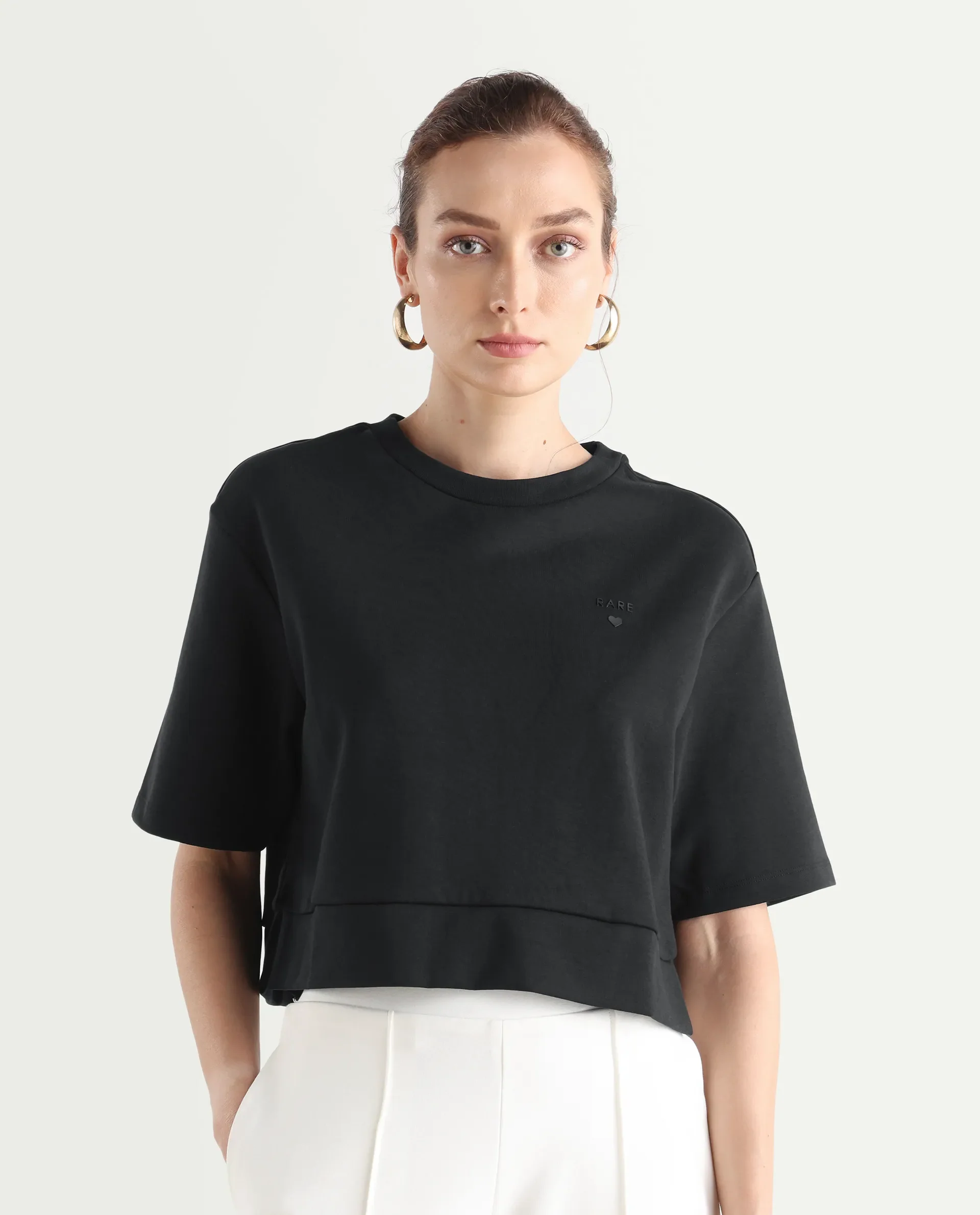 Rareism Women's Aftok T Black Linen Crew Neck Plain Crop Regular Fit T-Shirt - Image 3