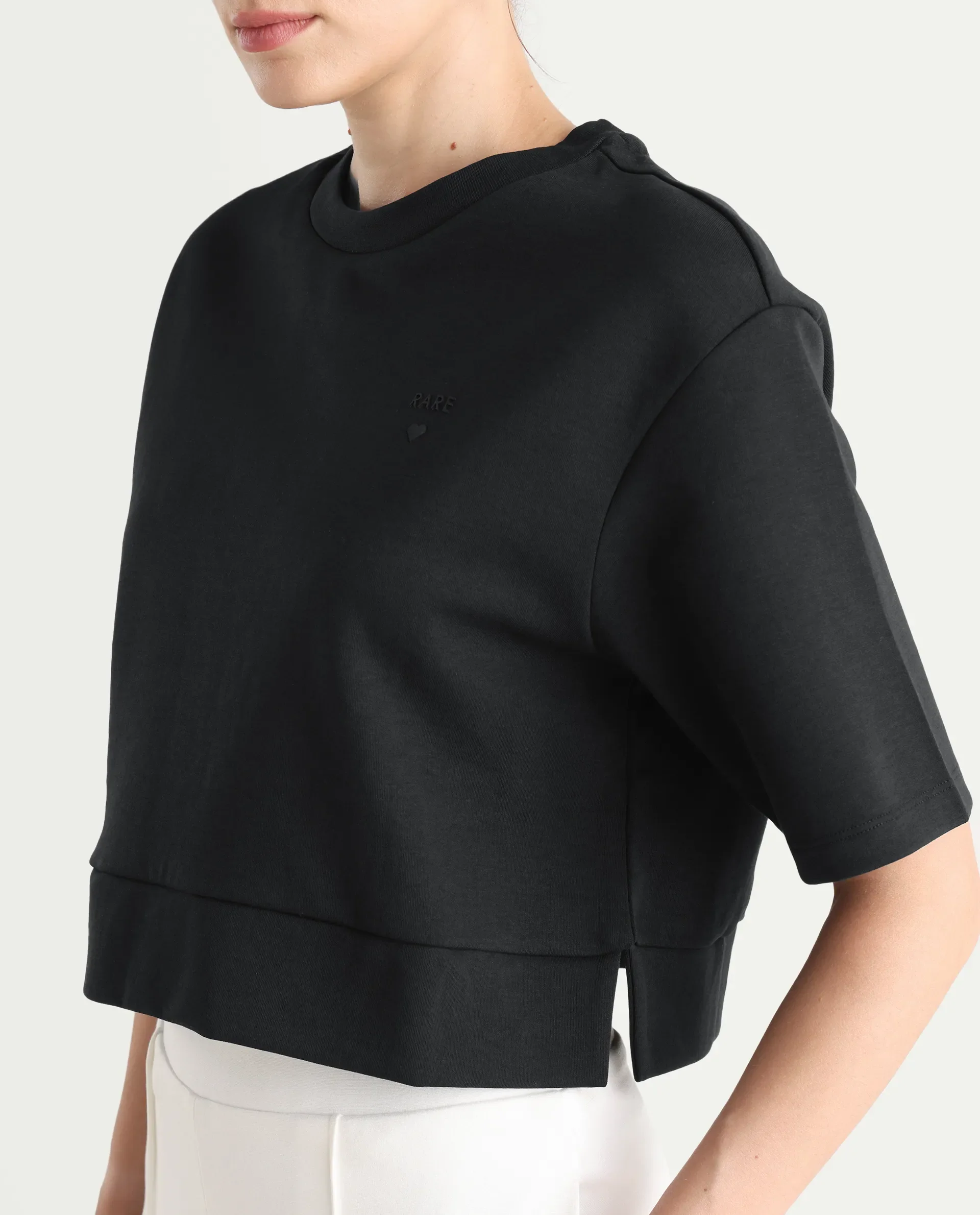 Rareism Women's Aftok T Black Linen Crew Neck Plain Crop Regular Fit T-Shirt - Image 5