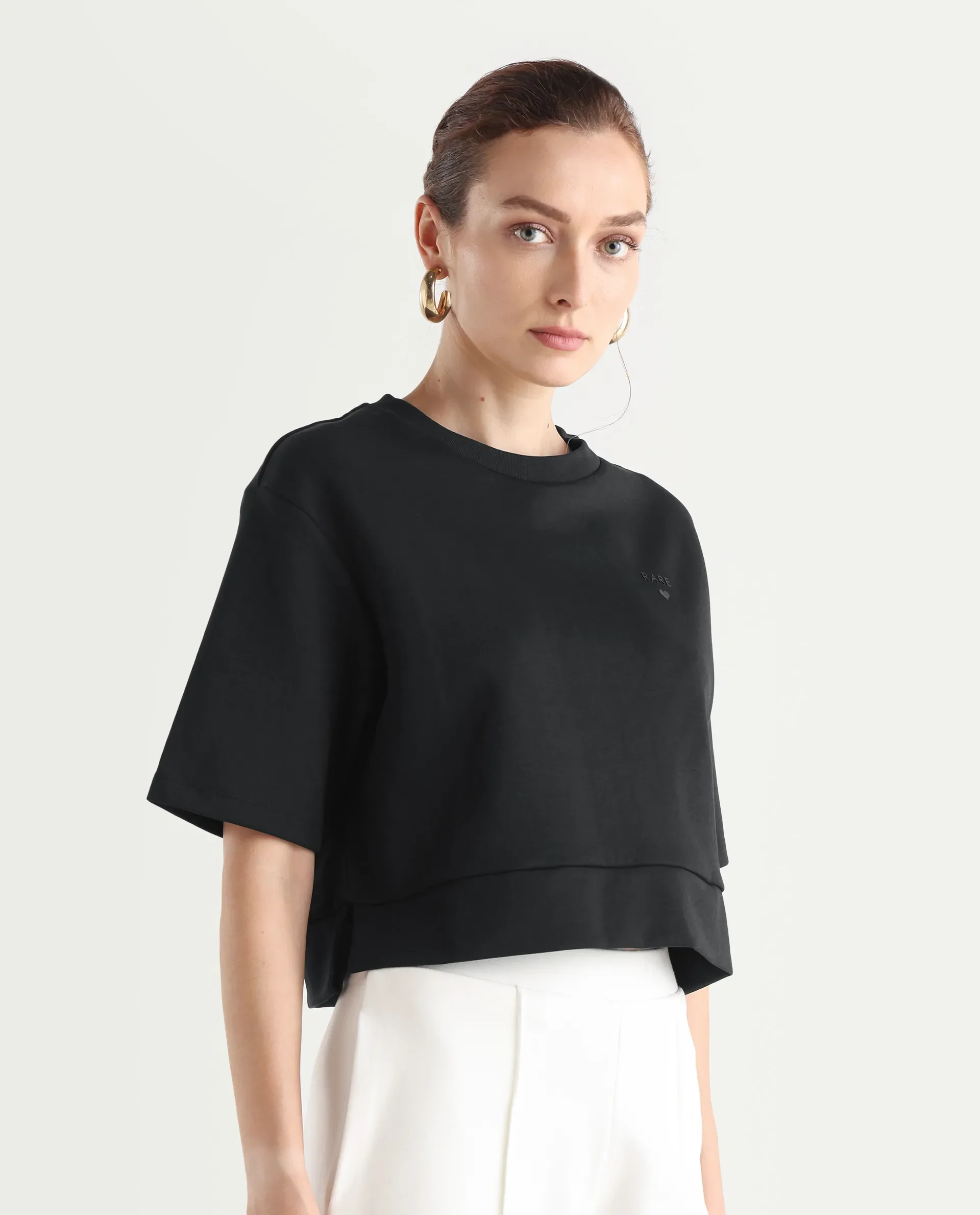 Rareism Women's Aftok T Black Linen Crew Neck Plain Crop Regular Fit T-Shirt - Image 7