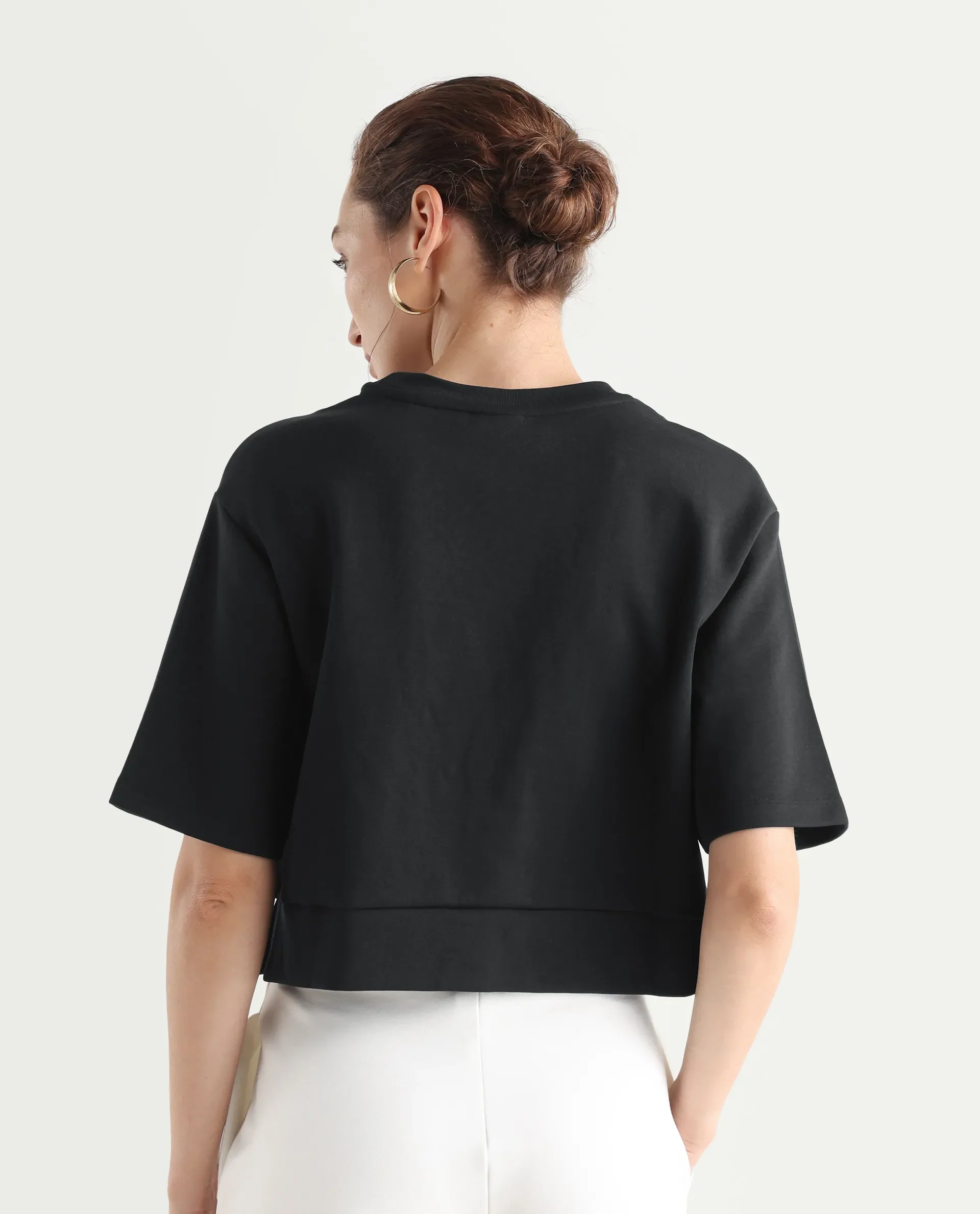 Rareism Women's Aftok T Black Linen Crew Neck Plain Crop Regular Fit T-Shirt - Image 8