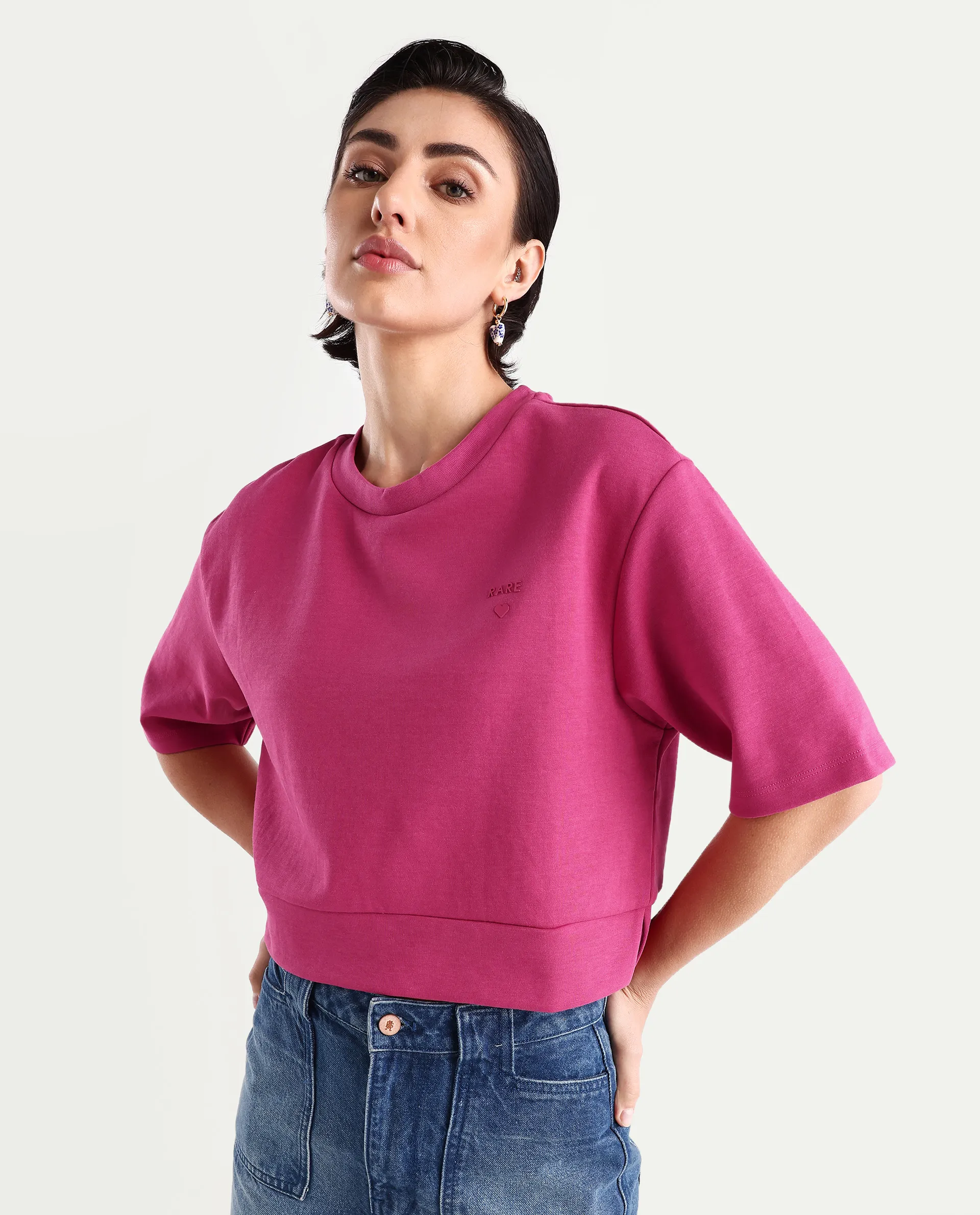 Rareism Women's Aftok T Pink Linen Crew Neck Plain Crop Regular Fit T-Shirt