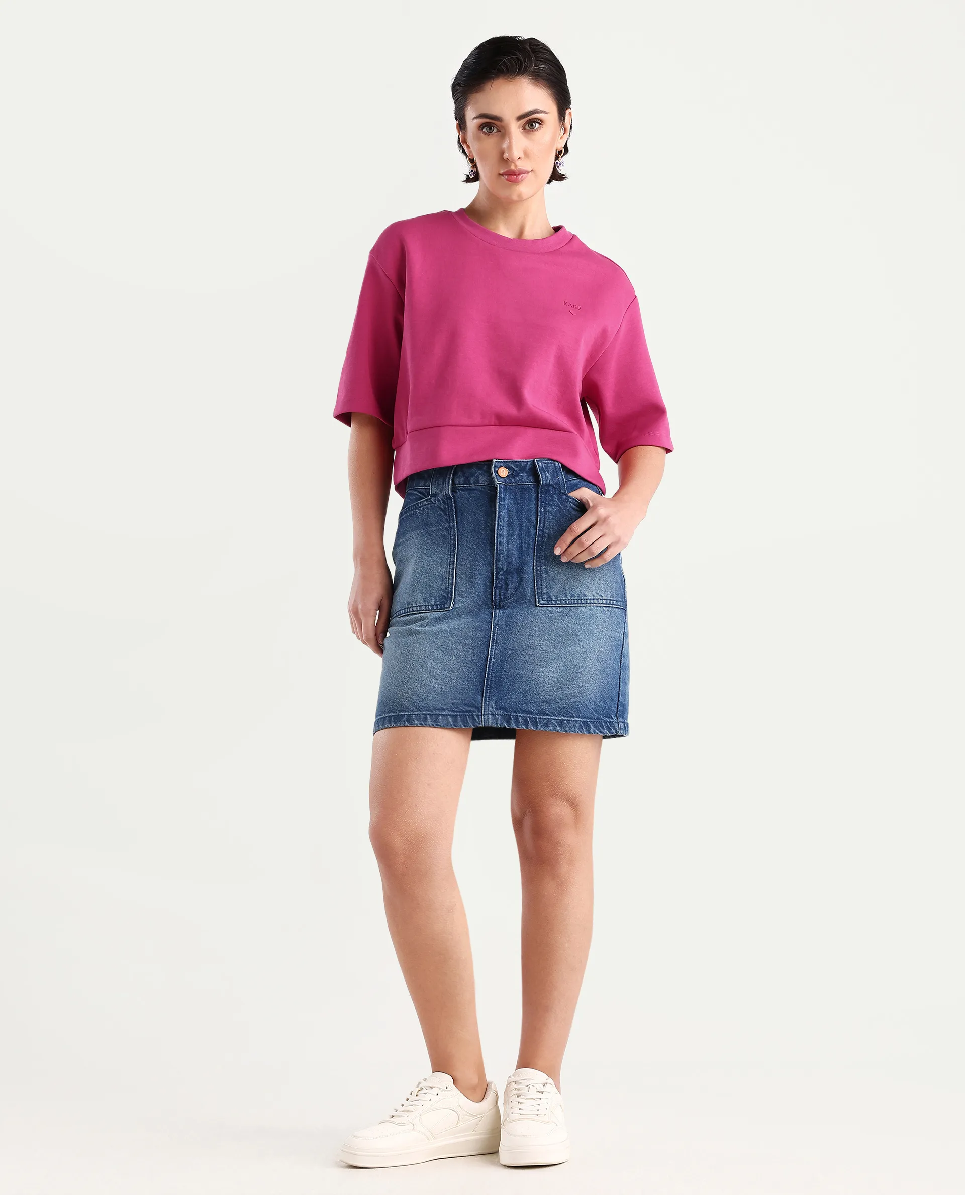 Rareism Women's Aftok T Pink Linen Crew Neck Plain Crop Regular Fit T-Shirt - Image 2