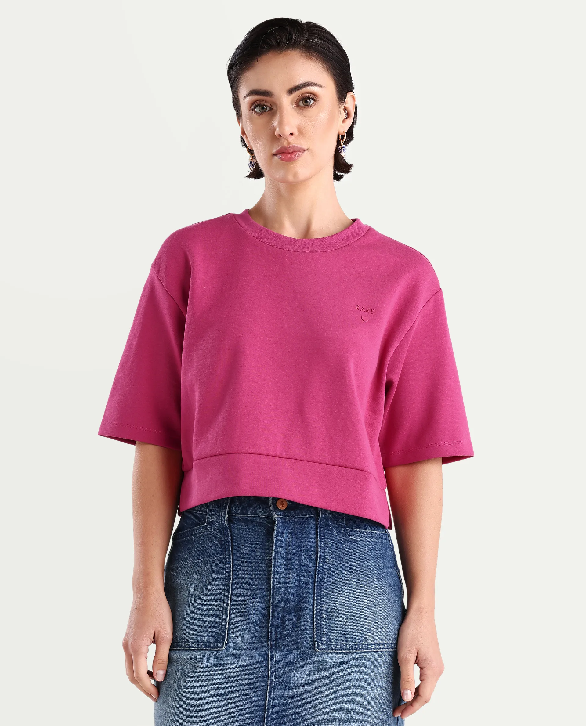 Rareism Women's Aftok T Pink Linen Crew Neck Plain Crop Regular Fit T-Shirt - Image 3