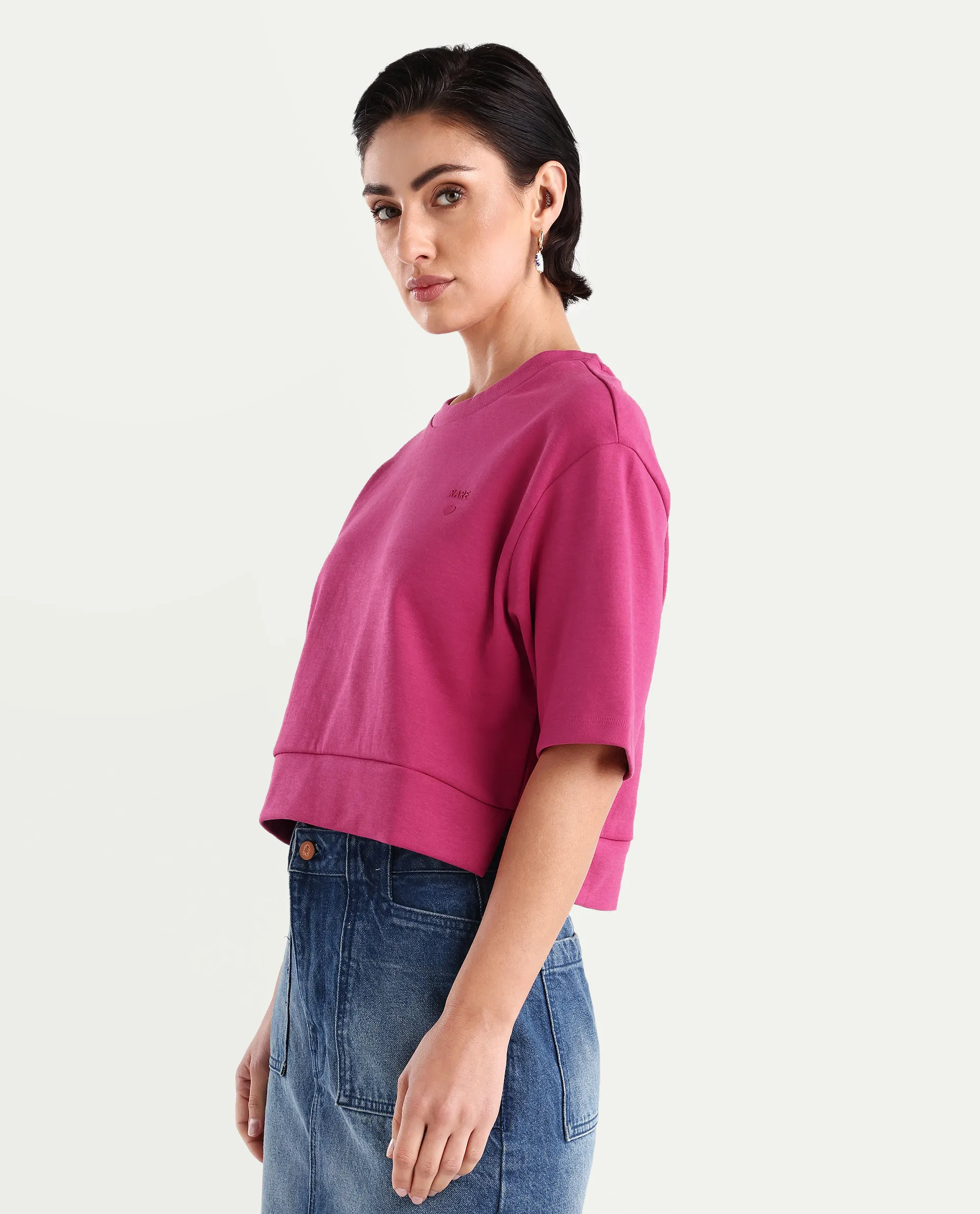 Rareism Women's Aftok T Pink Linen Crew Neck Plain Crop Regular Fit T-Shirt - Image 5