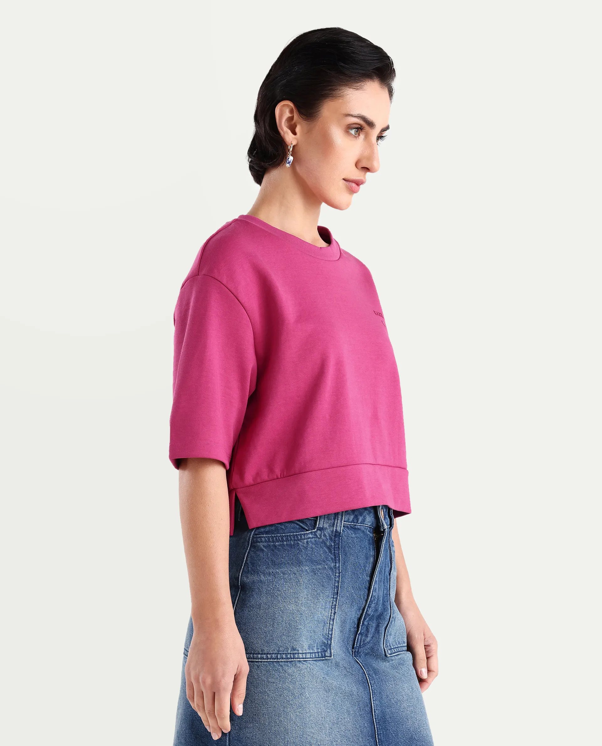 Rareism Women's Aftok T Pink Linen Crew Neck Plain Crop Regular Fit T-Shirt - Image 6