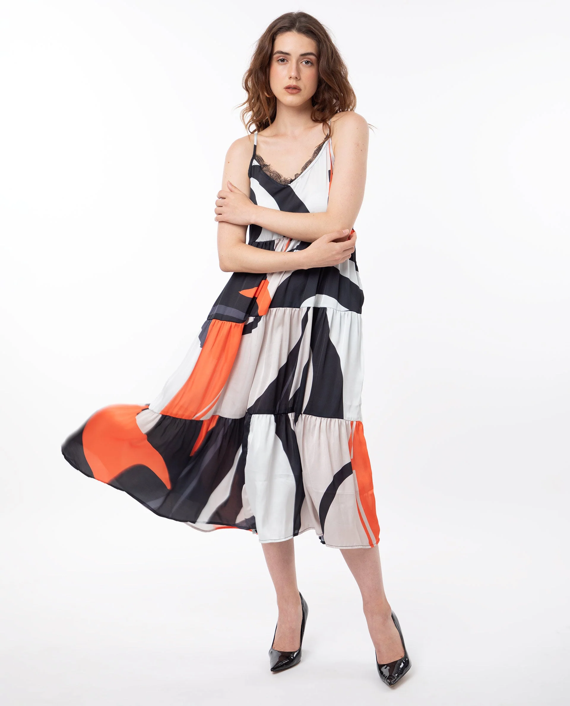 Rareism Women's Agans Multi Polyester V-Neck Abstract Print Shoulder Strap Maxi Regular Fit Dress