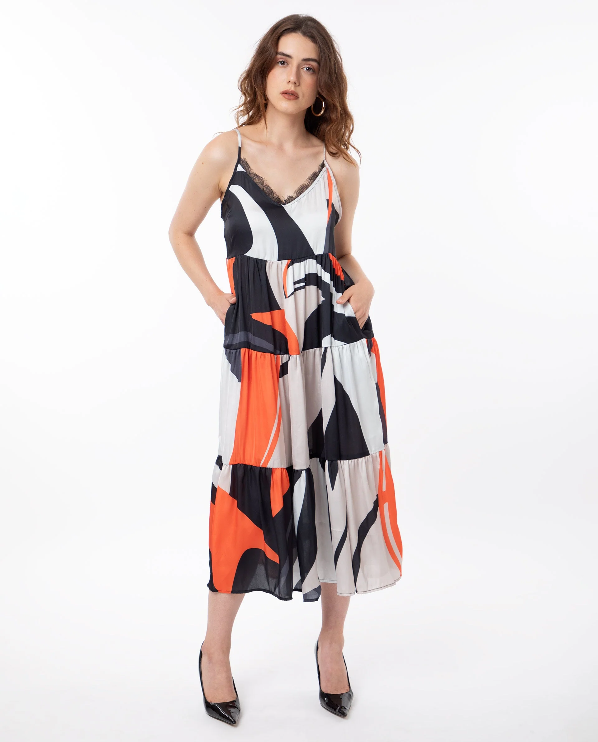 Rareism Women's Agans Multi Polyester V-Neck Abstract Print Shoulder Strap Maxi Regular Fit Dress - Image 3
