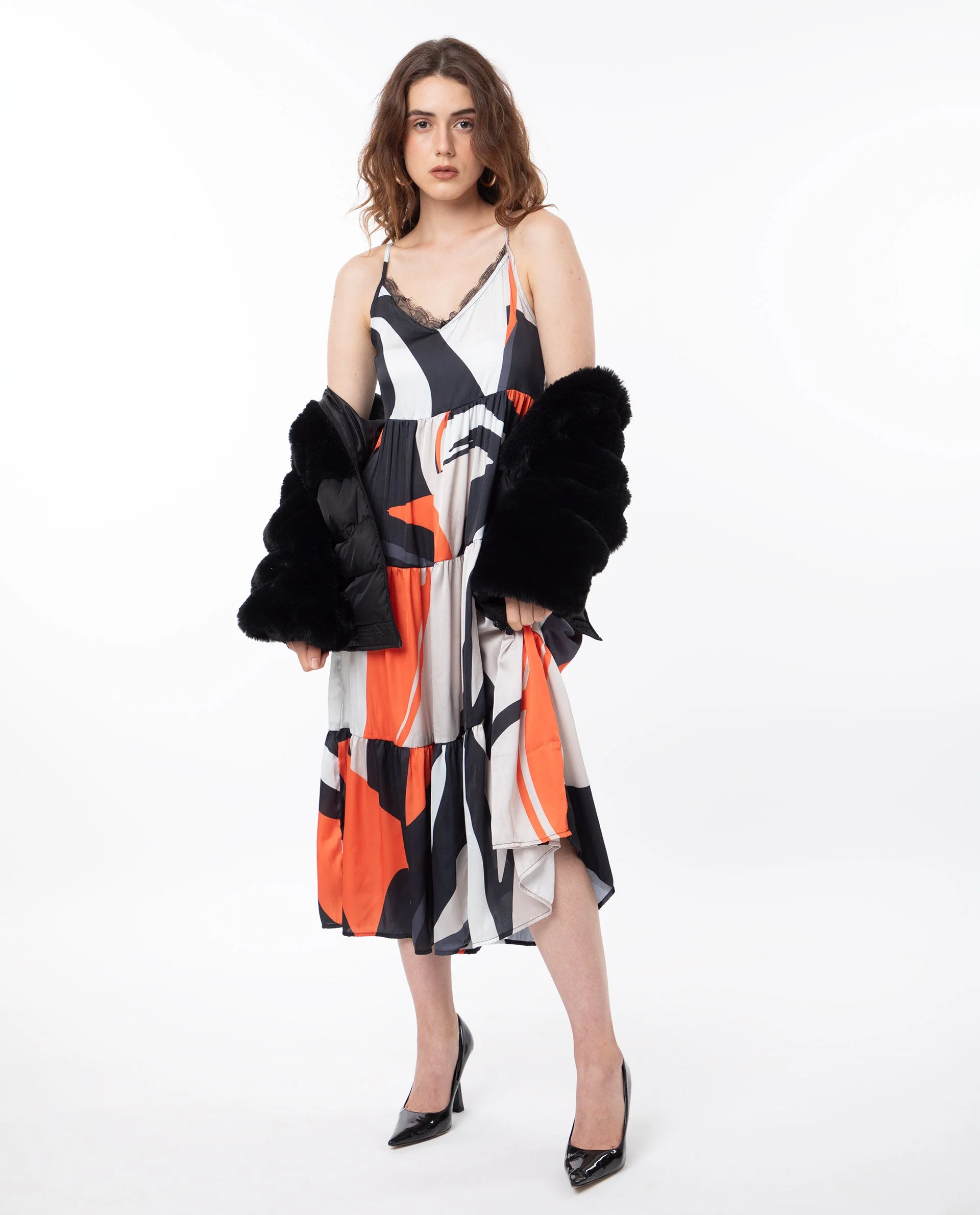 Rareism Women's Agans Multi Polyester V-Neck Abstract Print Shoulder Strap Maxi Regular Fit Dress - Image 4