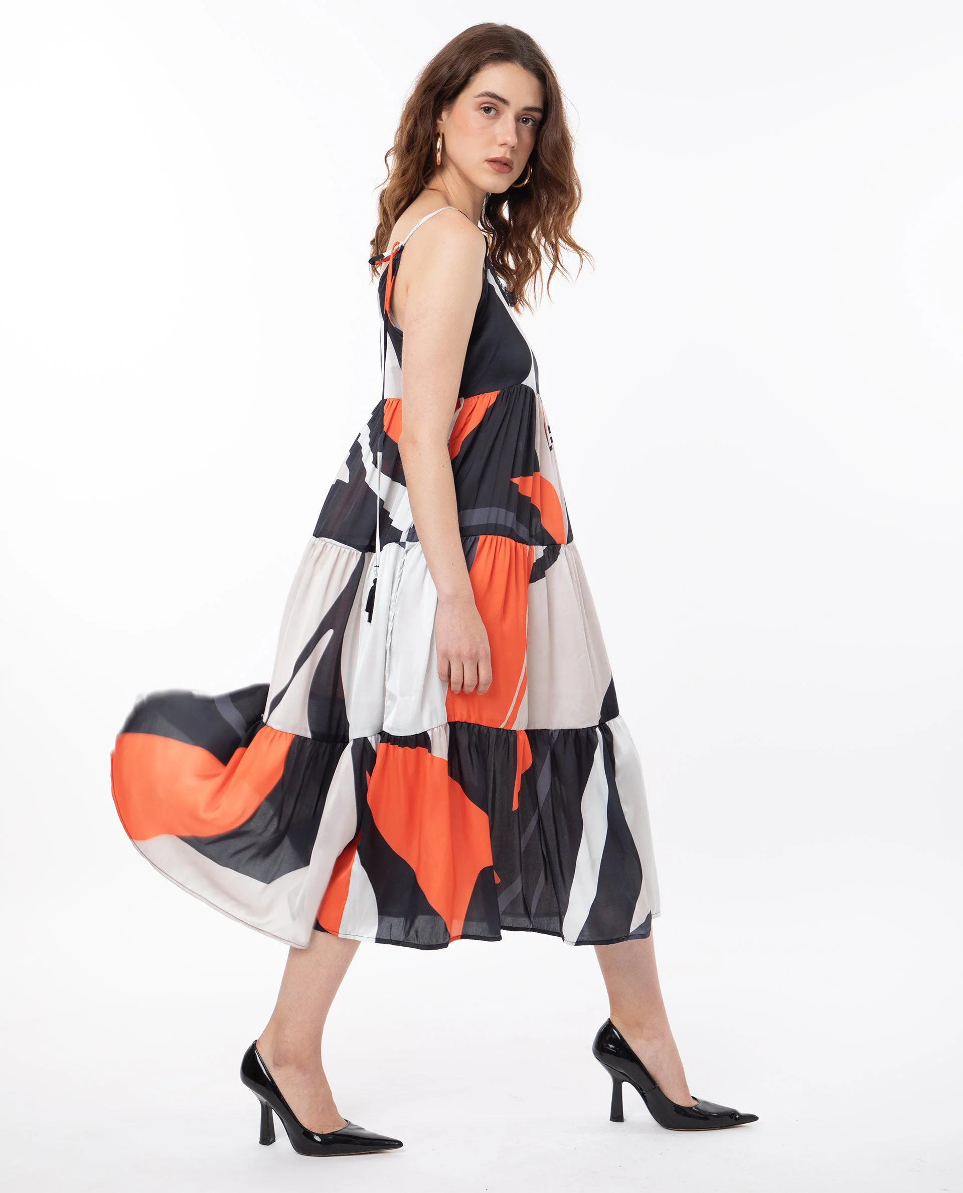 Rareism Women's Agans Multi Polyester V-Neck Abstract Print Shoulder Strap Maxi Regular Fit Dress - Image 7