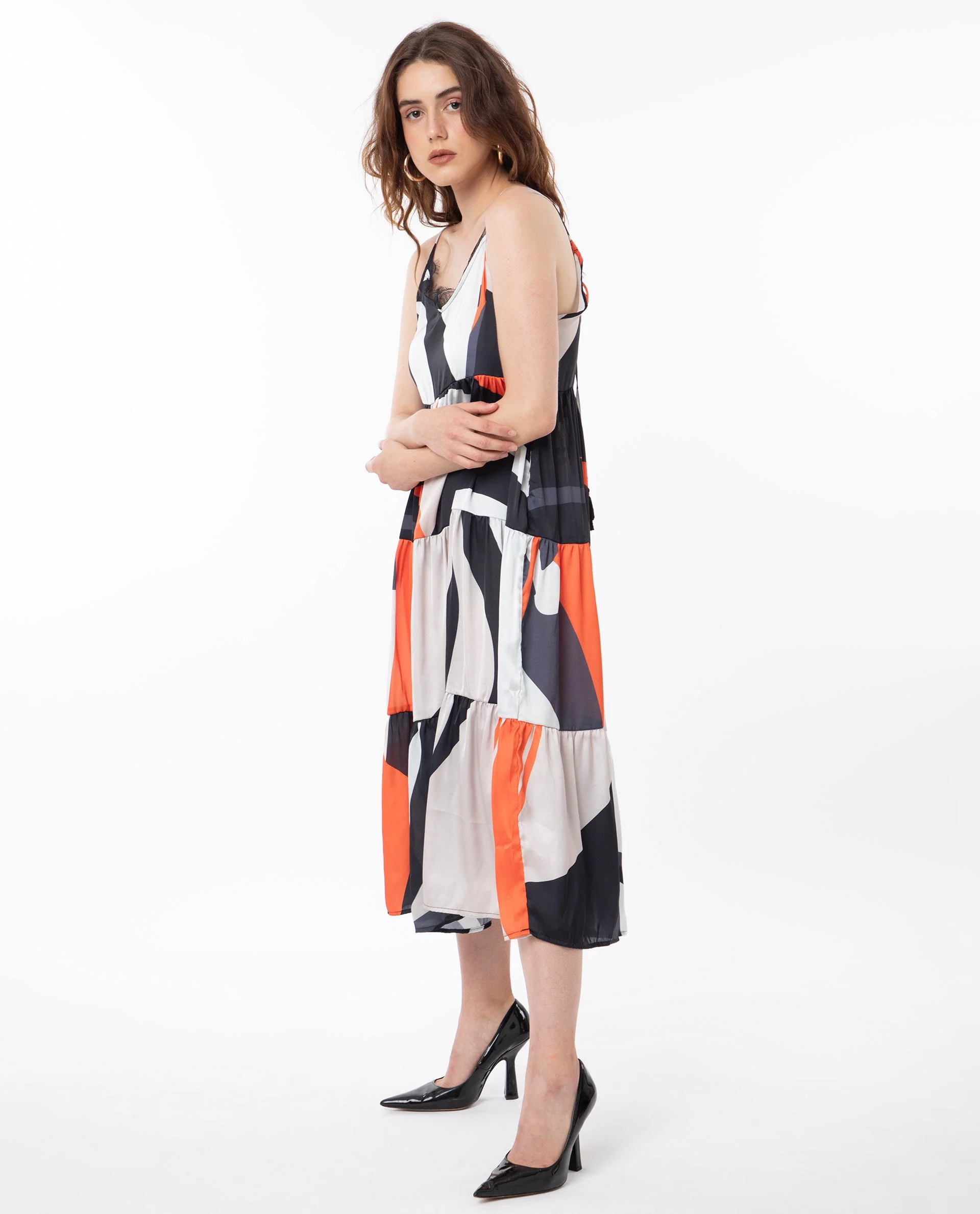 Rareism Women's Agans Multi Polyester V-Neck Abstract Print Shoulder Strap Maxi Regular Fit Dress - Image 8
