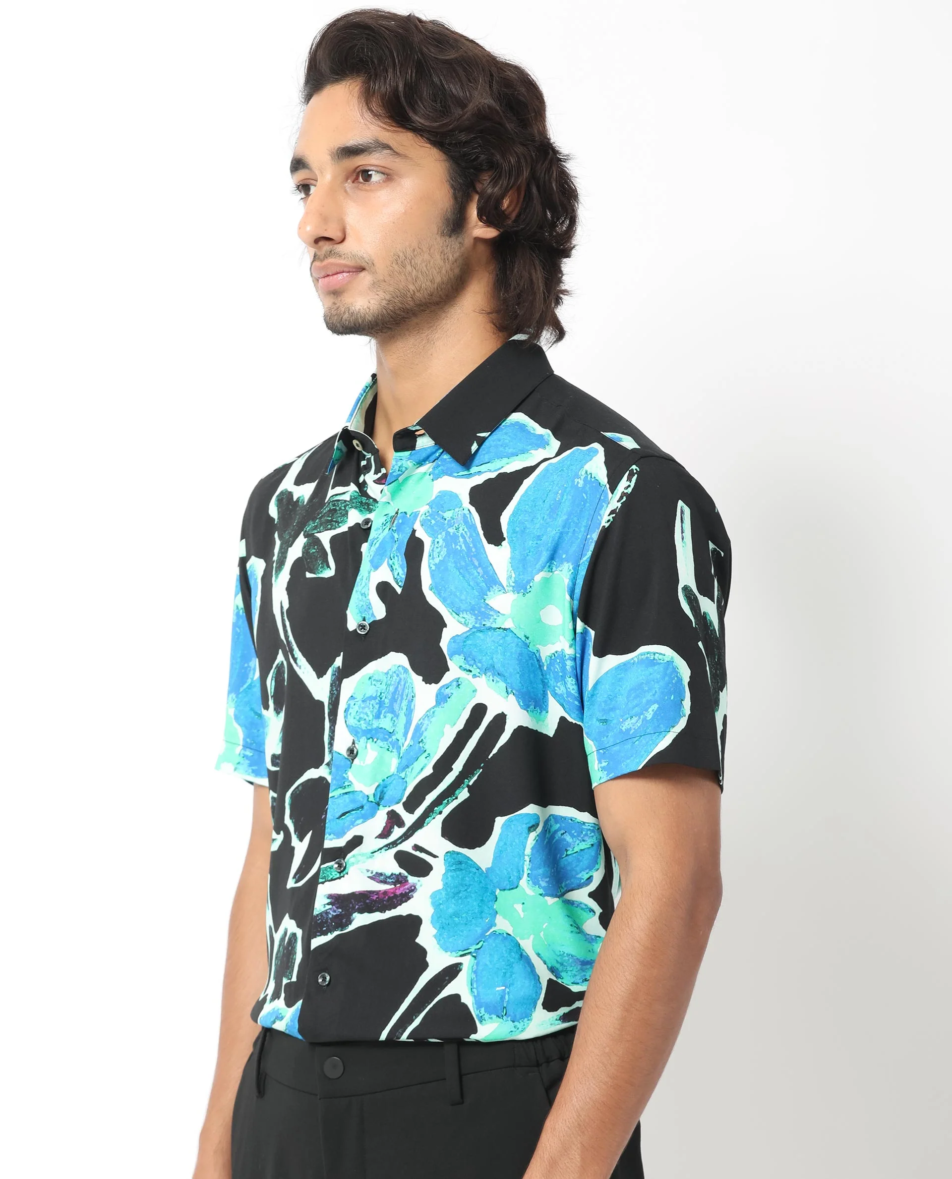 Rare Rabbit Men's Agata Navy Viscose Floral Print Regular Fit Half Sleeve Collared Shirt - Image 3