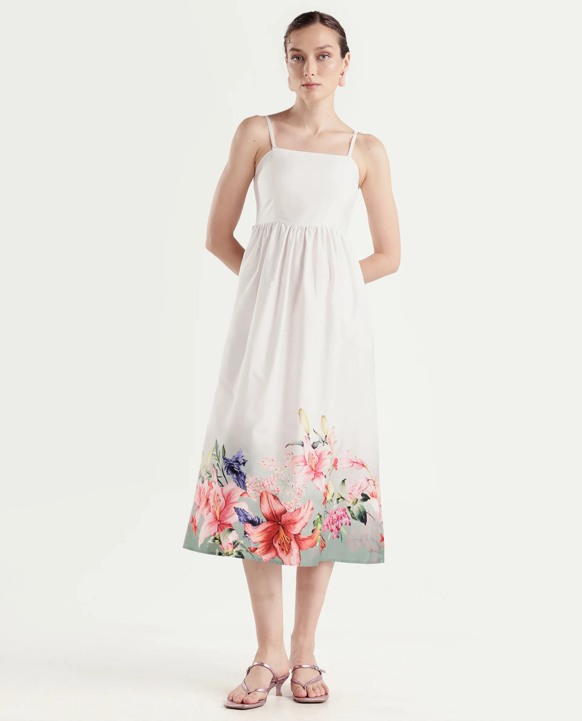 Rareism Women's Agate Off White Cotton Sleeveless Fit And Flare Printed Dress - Image 2
