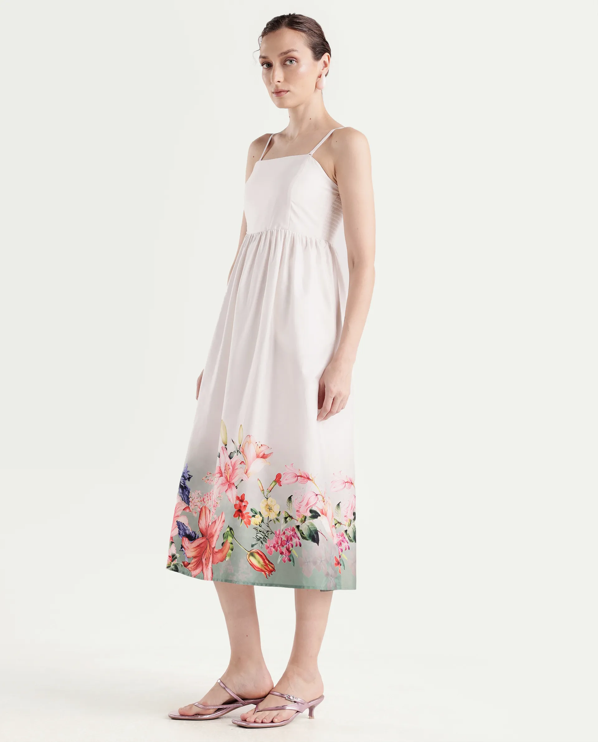 Rareism Women's Agate Off White Cotton Sleeveless Fit And Flare Printed Dress - Image 5