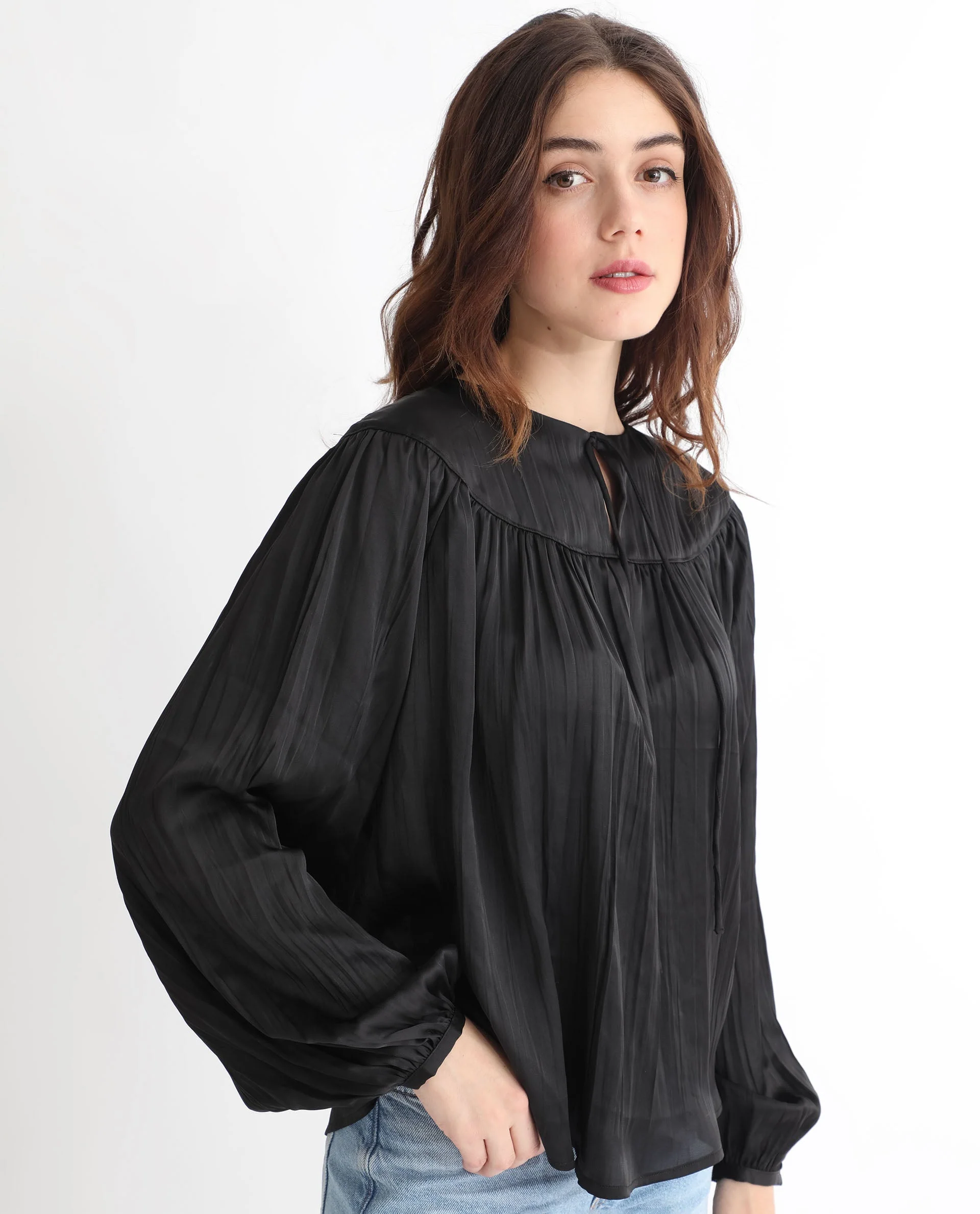 Rareism Women's Agathe Black Polyester Tie-Up Neck Plain Balloon Sleeve Relaxed Fit Top - Image 10