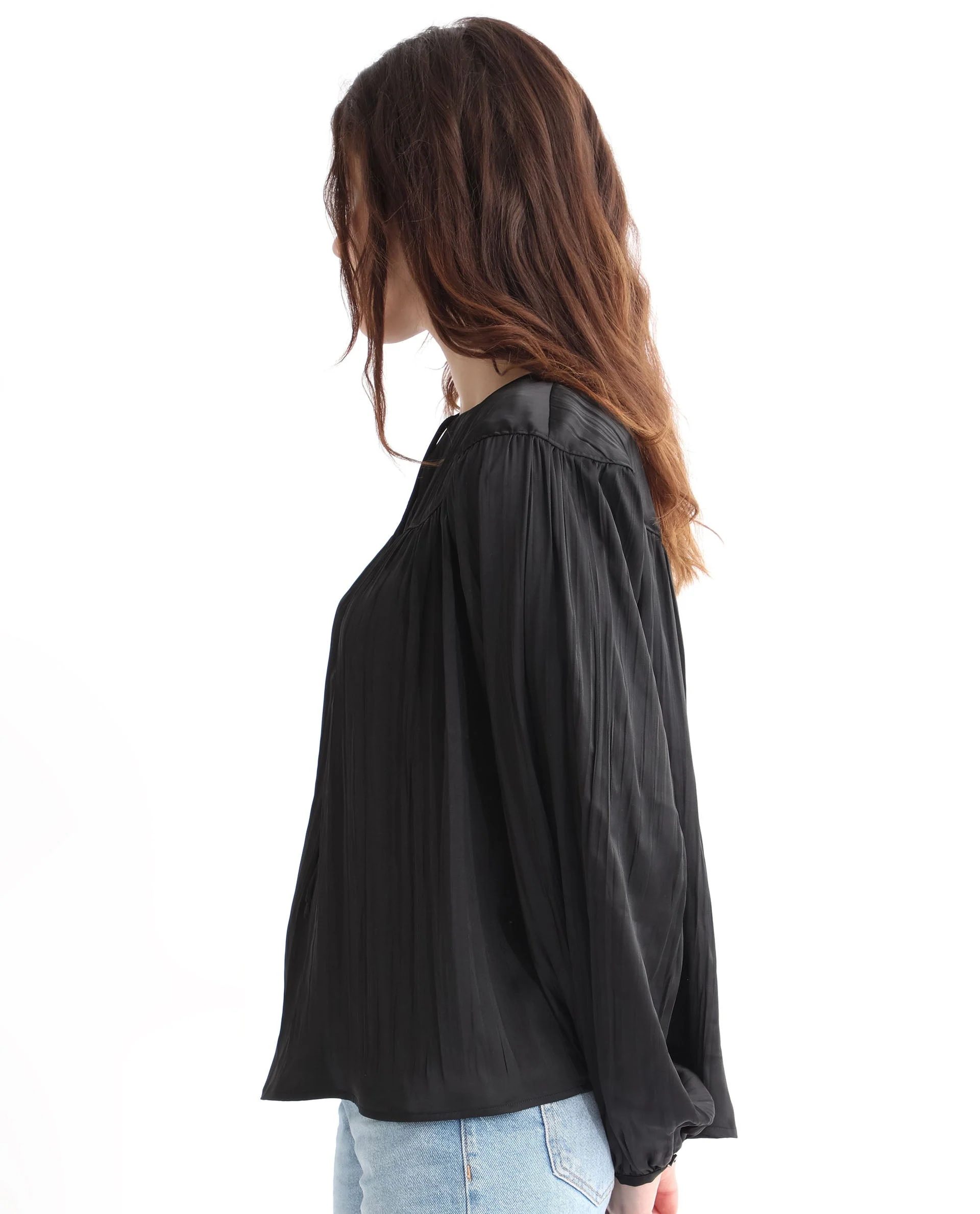 Rareism Women's Agathe Black Polyester Tie-Up Neck Plain Balloon Sleeve Relaxed Fit Top - Image 11
