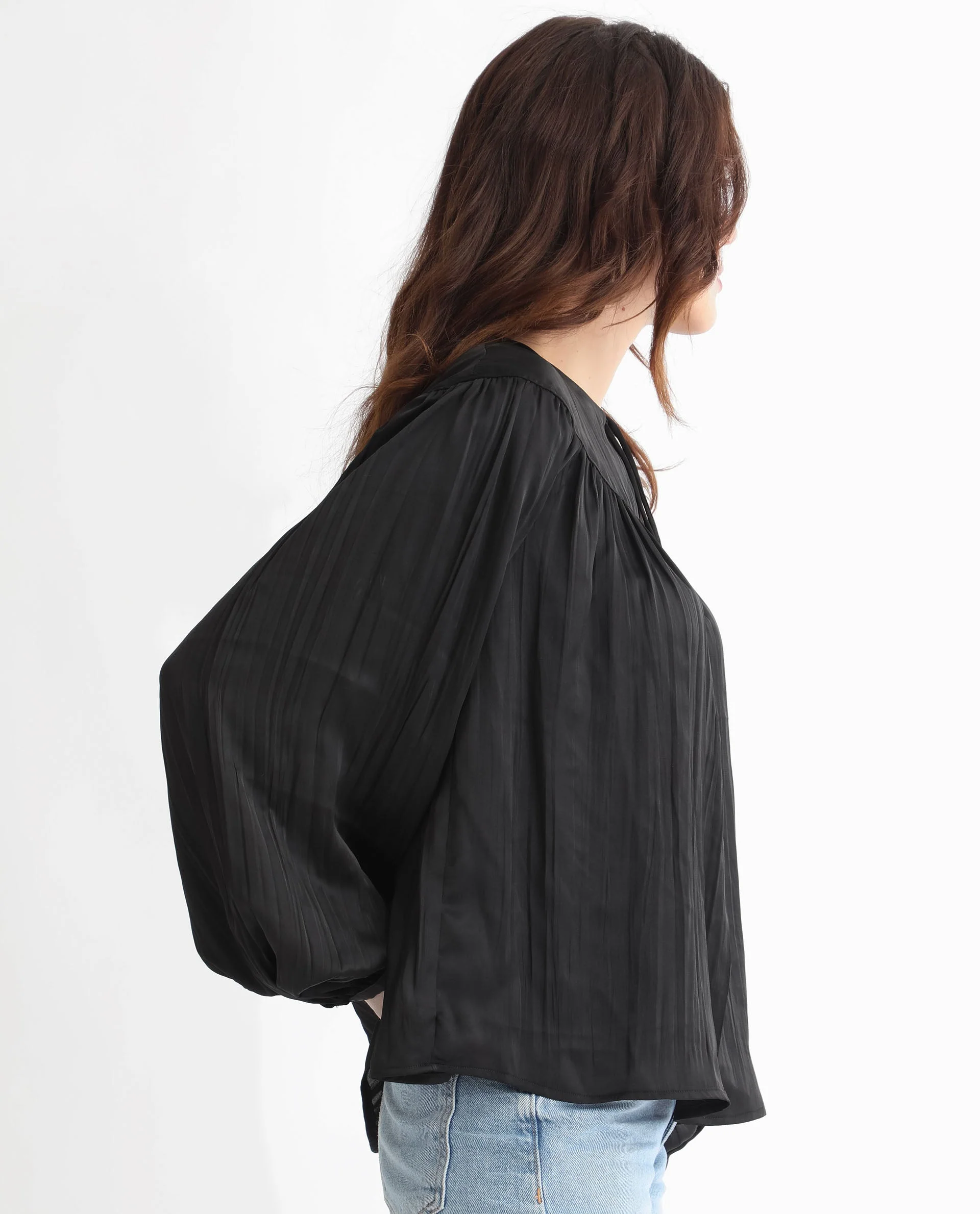 Rareism Women's Agathe Black Polyester Tie-Up Neck Plain Balloon Sleeve Relaxed Fit Top - Image 12