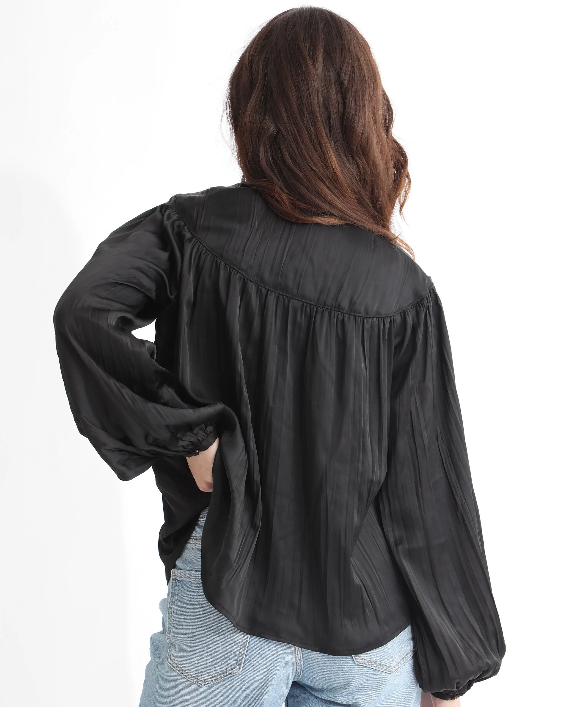 Rareism Women's Agathe Black Polyester Tie-Up Neck Plain Balloon Sleeve Relaxed Fit Top - Image 14