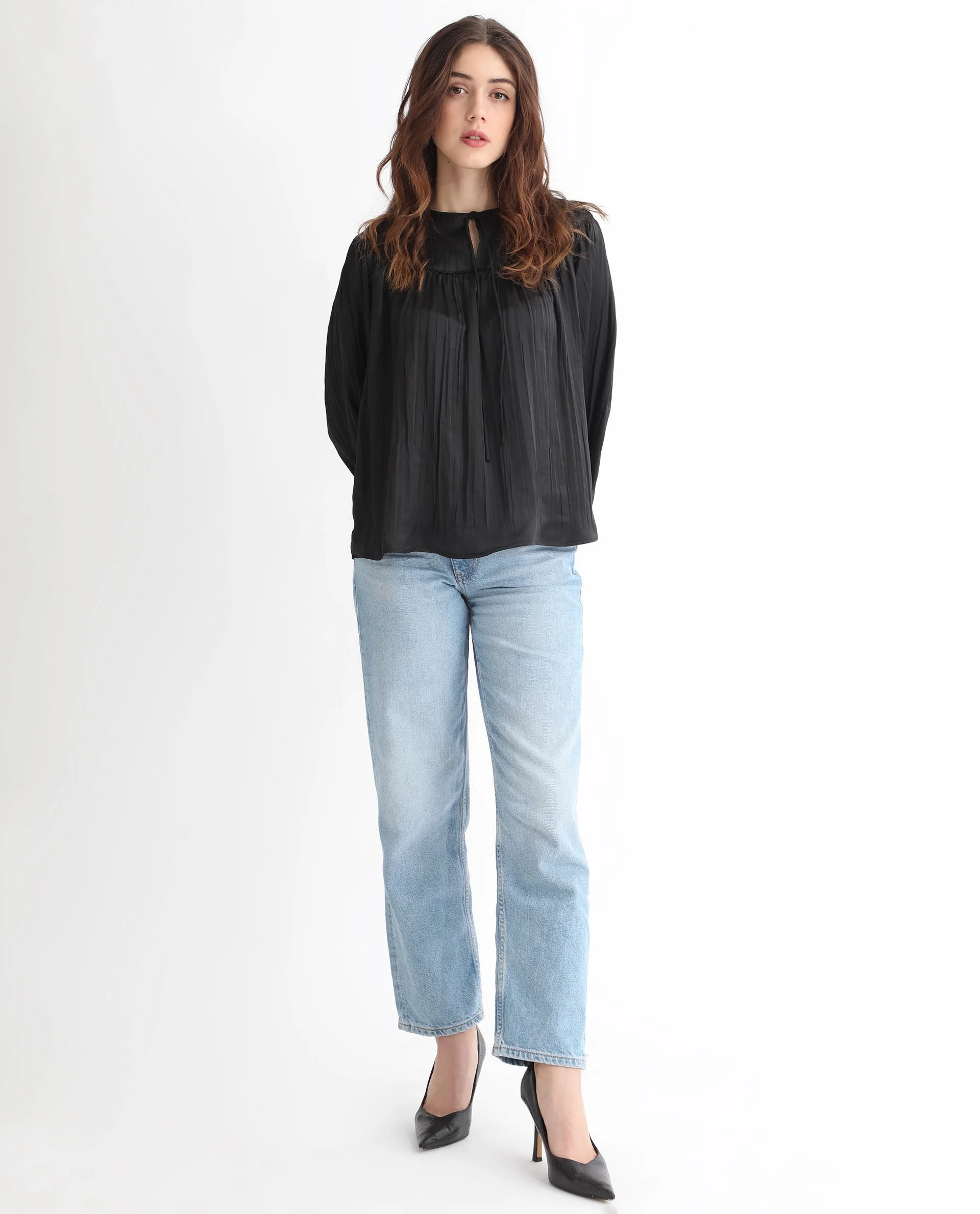 Rareism Women's Agathe Black Polyester Tie-Up Neck Plain Balloon Sleeve Relaxed Fit Top - Image 2