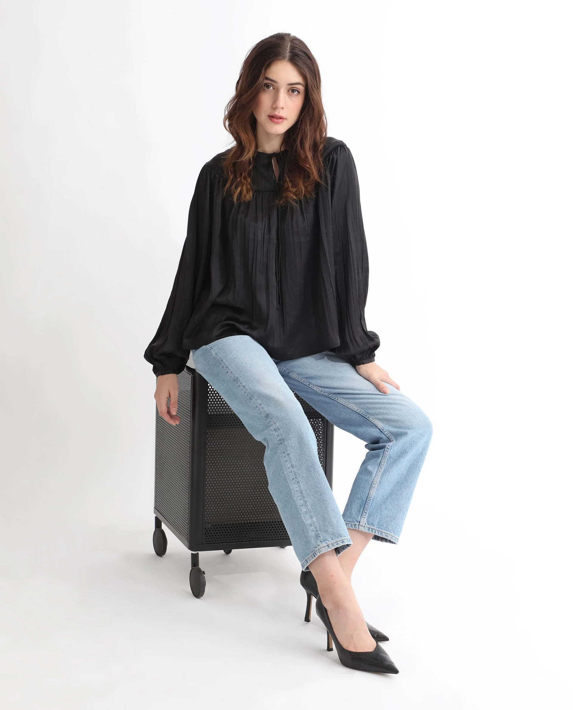 Rareism Women's Agathe Black Polyester Tie-Up Neck Plain Balloon Sleeve Relaxed Fit Top - Image 3